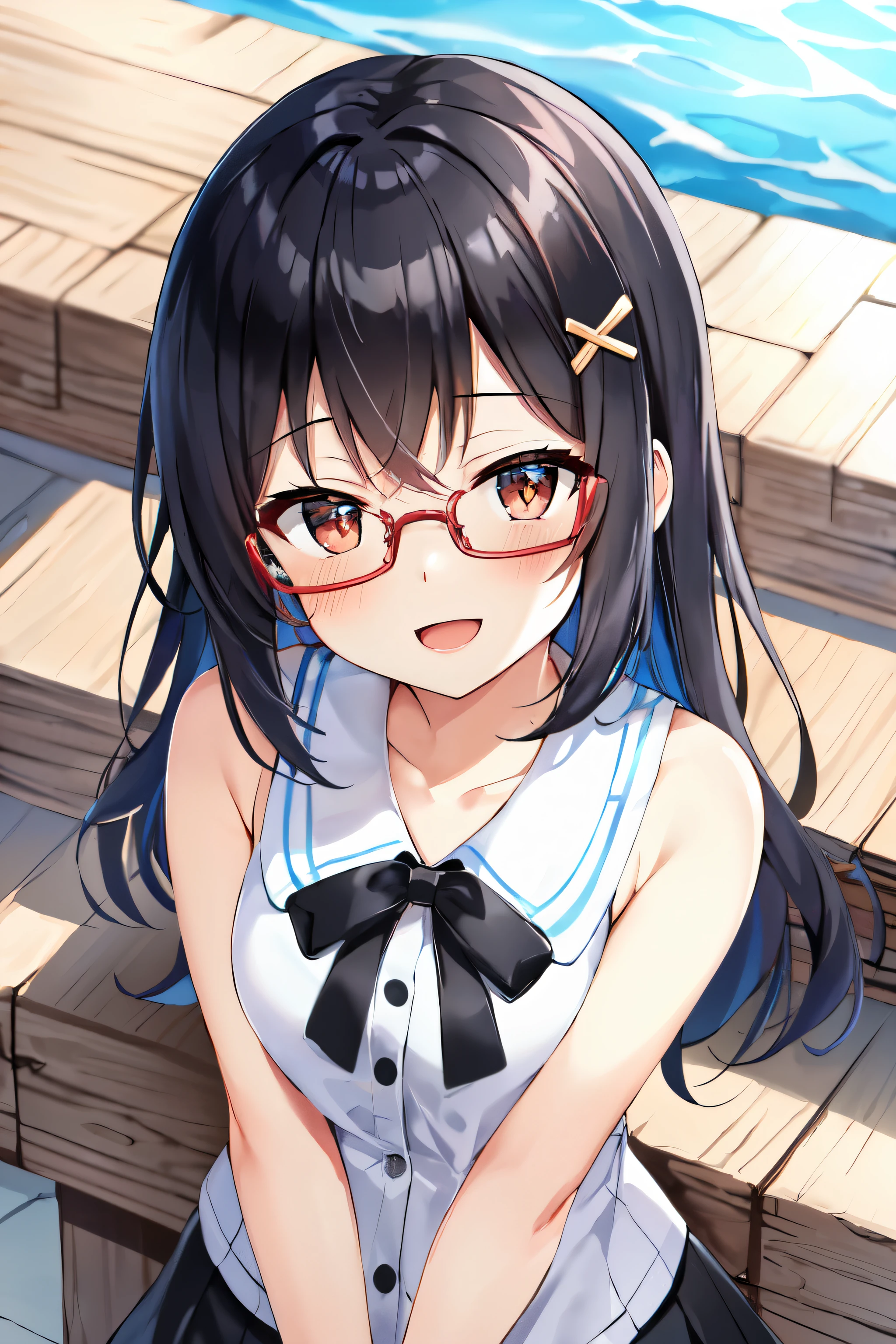 masterpiece, best quality, purah, red glasses, hair ornament, white jacket, sleeveless shirt, black skirt, upper body, from above, looking at viewer, smile, open mouth, furrowed brow, rustic village