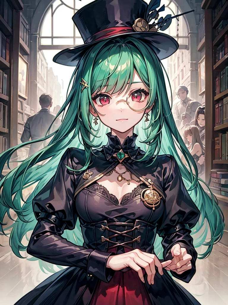 （（（masterpiece、Highest image quality、highest quality、highly detailed unity 8ｋwallpaper）））、（（Illustration of one girl、upper body））、（（（beautiful girl）））、（librarian）、（Emerald green hair、sidelocks：1.2、red eyes、crazy smile：1.3）、（（（flat chest）））、（monocle）、pocket watch、（（（Black top hat、Black tuxedo）））、great medieval library
