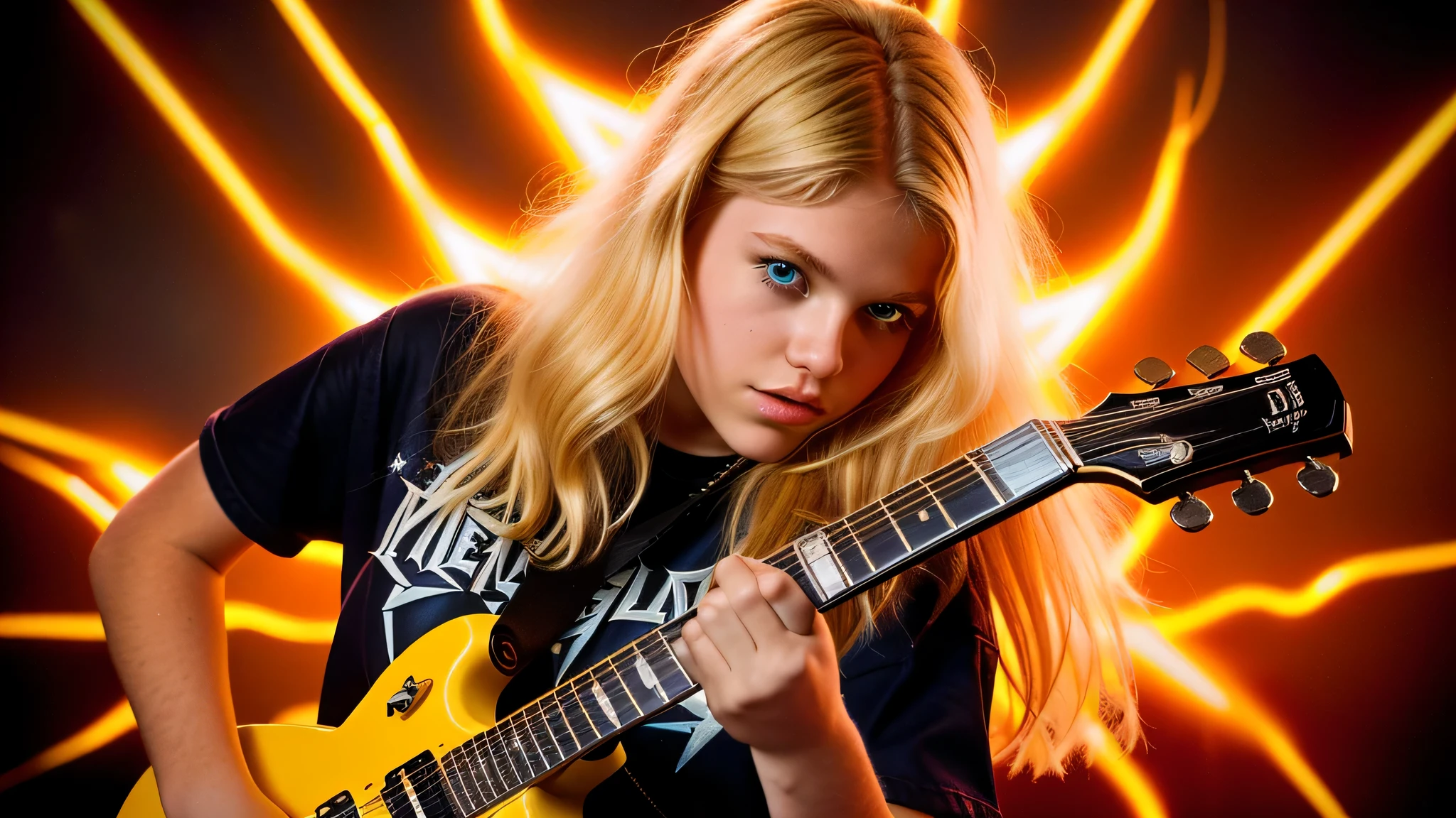 a close up of a girl kids blonde holding a guitar in front of a lightning, 1 9 8 0's heavy metal album art, power metal album cover, heavy metal comic cover art, metal album cover art, metal album cover, megadeth, thrash metal, metallica, heavy metal album cover, heavy metal artwork, by