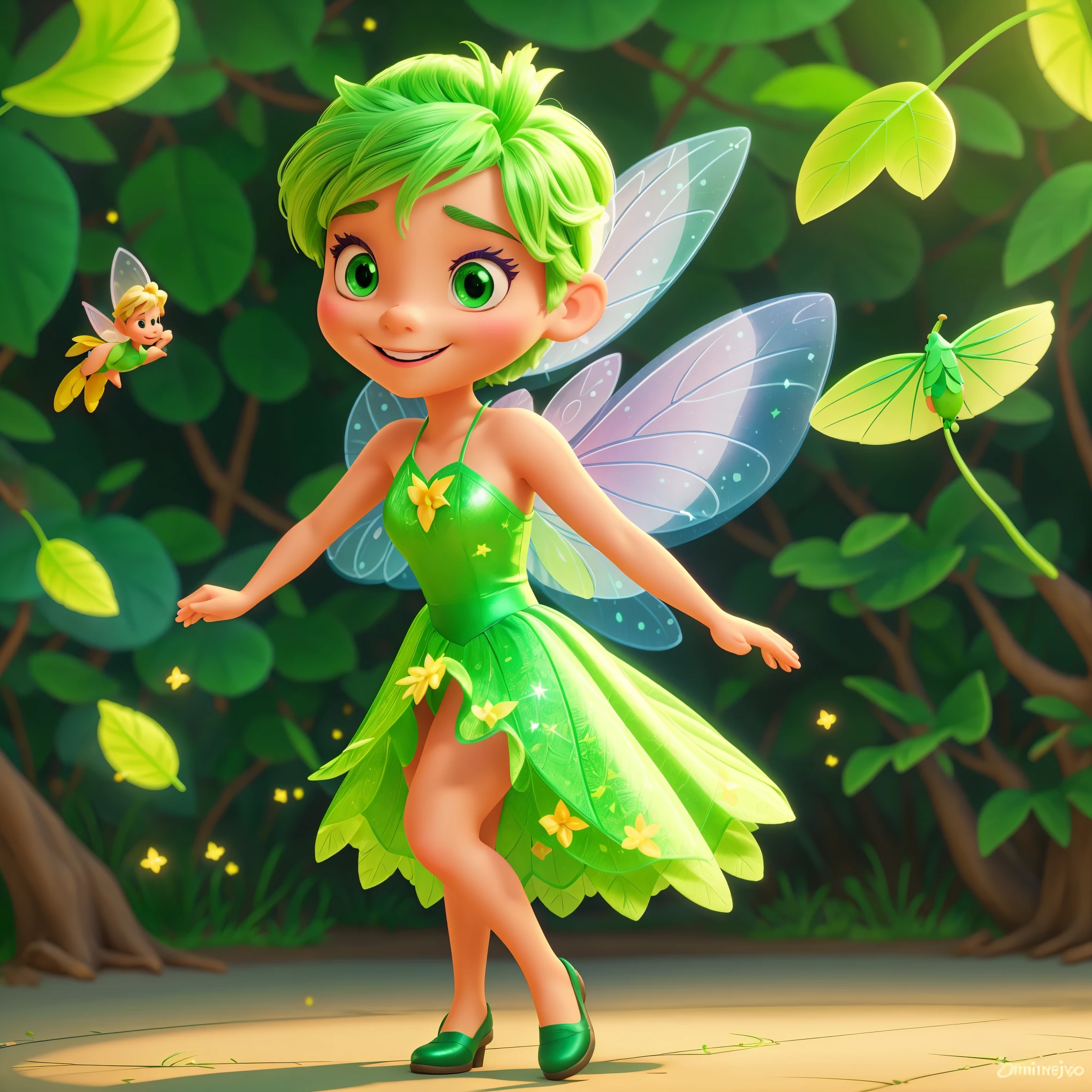 Create a Disney-style Tinker Bell fairy with a green leaf dress. Fluorescent wings. Flying. Turn it into a Disney - Pixar style cartoon illustration. Background with nothing, eyes open, smile, perfectly centered!! full-length portrait, cinematic lighting, vector painting.