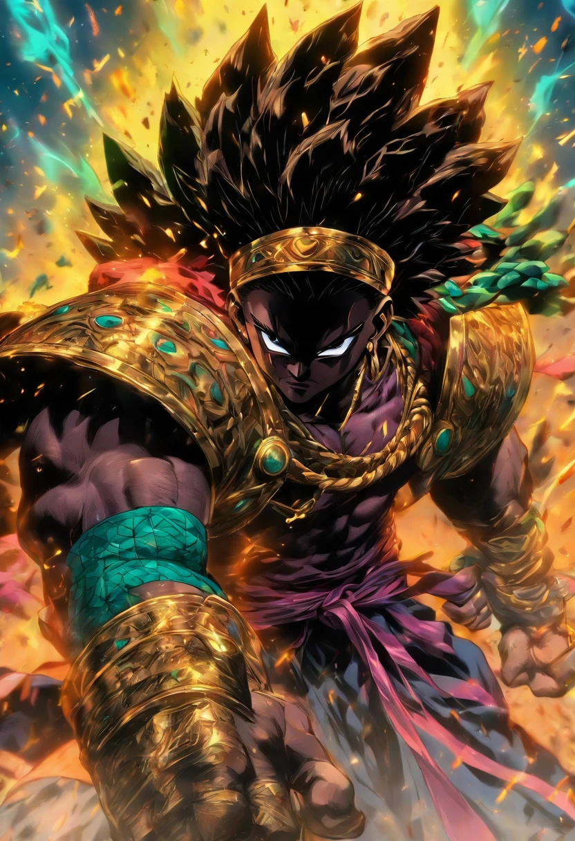 Um homem negro, gordo ((1,75cm_123kg)), usando roupas de guerreiros africanos antigos , carrying a shield in his left arm and a spear in his right arm, com poderes da terra e tendo um stand ((Jojo)) das sobras chamado "castle of Glass" , usando cabelo dread ((corpo_todo))