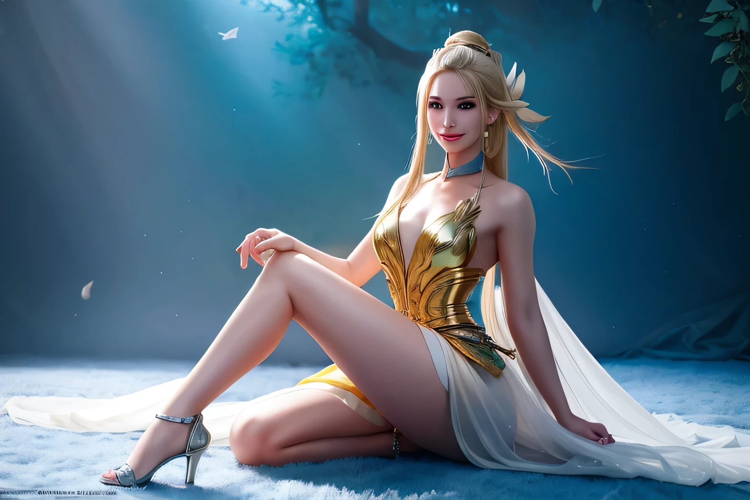 "(Best Quality,hight resolution,Masterpiece:1.2),beautiful detailed blue eyes,Stunning blonde with long hair, Tail, Hair gathered in a ponytail,Girl with a charming smile, Clothes made of tanned leather, briefs, leather armour, soft natural lighting,Flower garden background,bright colours,Fine Brush Stroke Technique,Accentuate the girl's joyful expression,A gentle breeze gently rustles her hair,Meticulous attention to facial features and hair strands,Realistic skin tones and textures, A keen eye, Battle Maiden, Figure Warfare, athletic build, musculature, long leges, Long Range,Natalie Portman style,sitting
