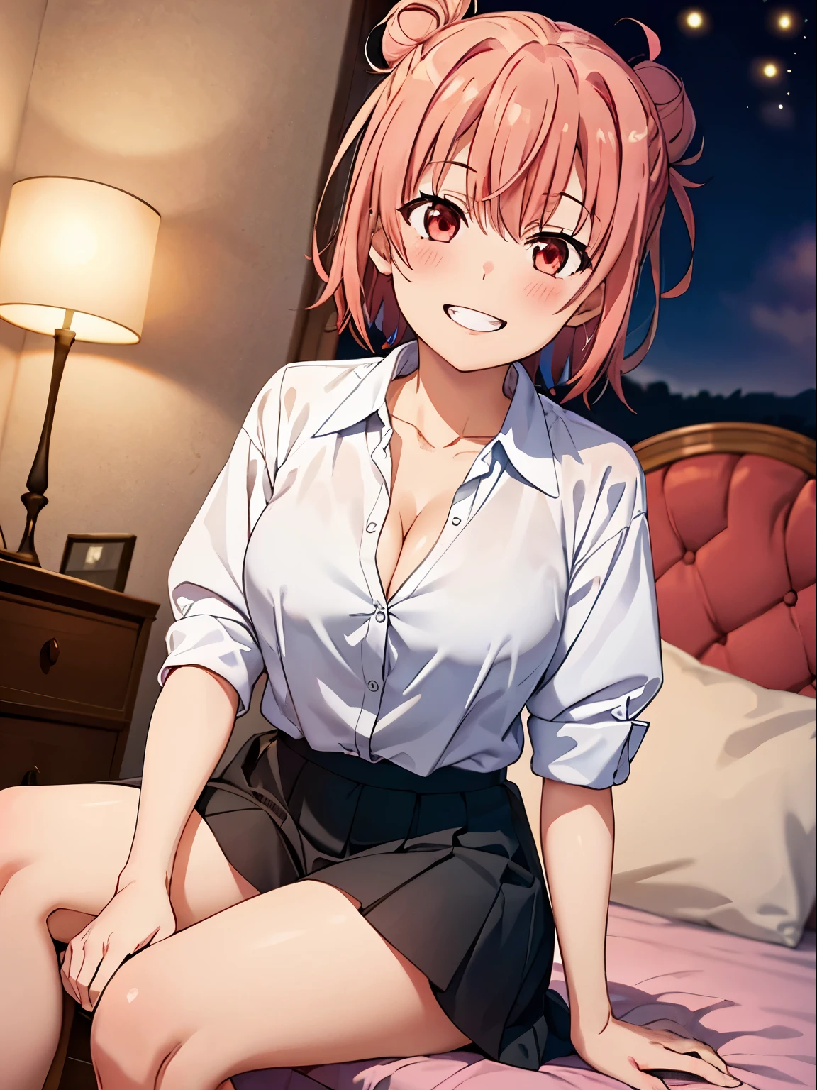 1 girl,  
yuigahama yui, pink hair, hair bun, short hair, 

(8K, Top quality, muste piece)

white collared shirt, 
black skirt, 
grin, blush, 
sitting on pink bed, open legs, 
cleavage, big breasts, sfw, 

night view, 
pov, from below, 