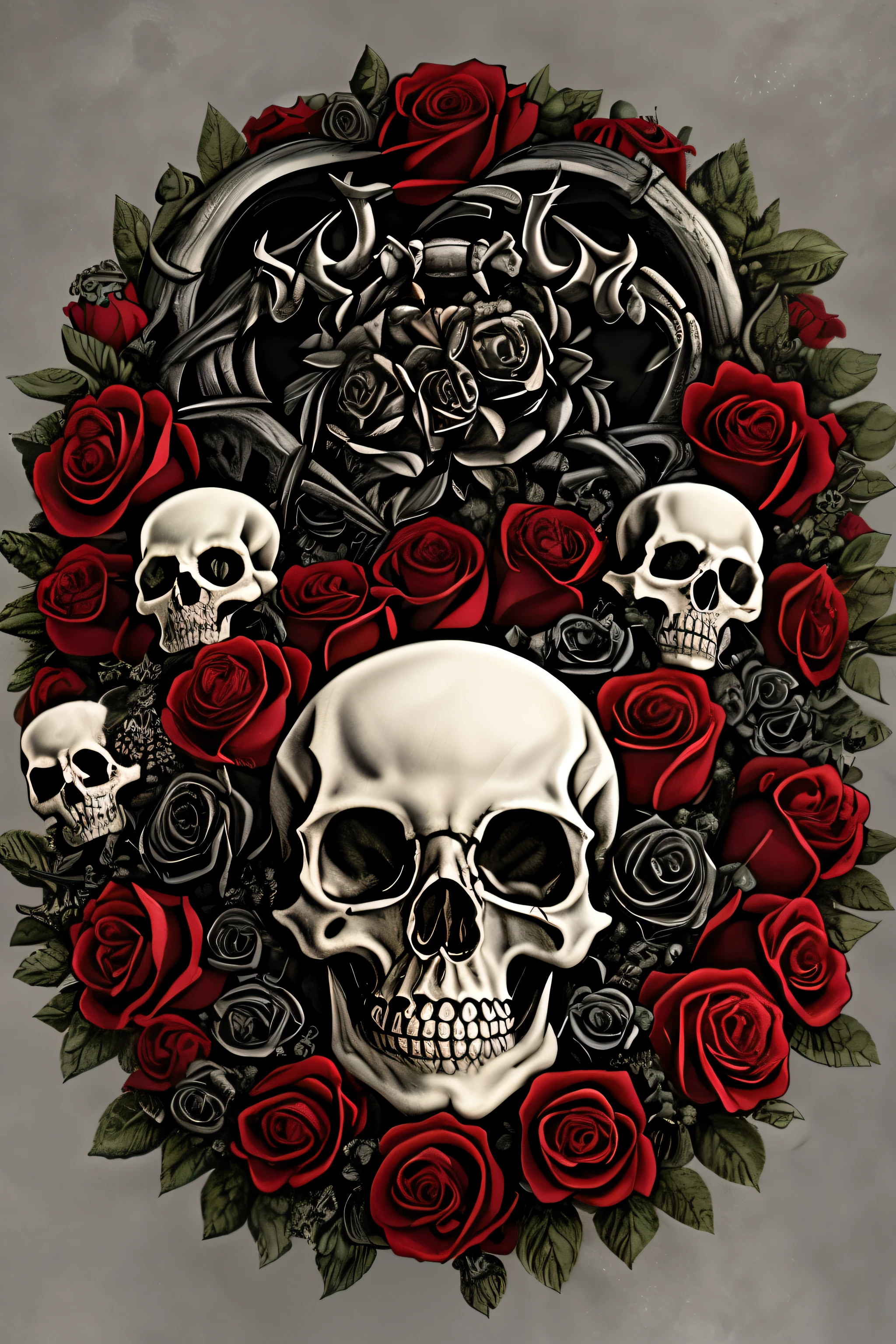 skulls and roses are arranged in a circle on a gray background, skull made of red roses, skulls, skull bones flowers, skulls around, scary detailed art in color, morphing skulls, skulls and skeletons, background artwork, skulls and bones, sacred skulls, close up guns and roses, with a crown of skulls, skull faces, adorned with demon skulls