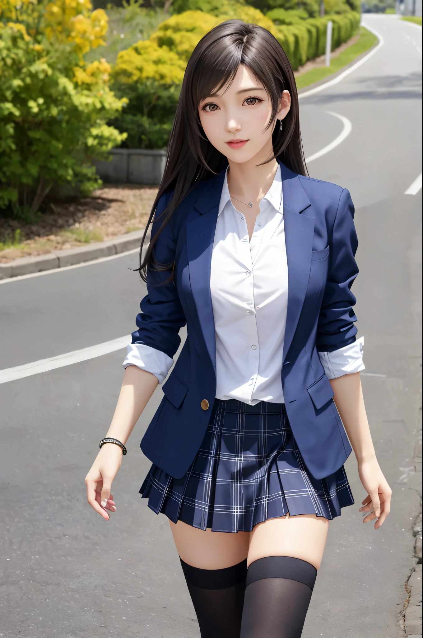 (top quality, masutepiece: 1.1), (Realistic: 1.3), BREAK (((FF7,Tifa_lockhart))),(solo,Tifa:1.2),(japanese ,high school student,blue Blazer, Plaid pleated skirt:1.5,button-down white shirt:1.3) ,(autumn,walking, outdoor),(cool walking:1.3),Ultra-detailed face:1.3, Detailed eyes,Red eyes, BREAK (((FF7,Tifa_lockhart))),(light brown hair, Large breasts: 1.0), BREAK About 18 years old,kawaii,zettai_ryouiki:1.1,looking ahead:1.3,cowboy shot,beautiful legs,have nice legs,legs focus