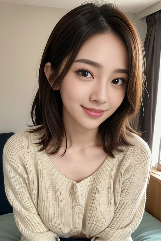 masutepiece, Best Quality, Illustration, Ultra-detailed, finely detail, hight resolution, 8K Wallpaper, Perfect dynamic composition, Beautiful detailed eyes, Medium Hair,Small breasts natural color lip, Bold sexy poses,Smile、20 years girl、Cute、Sexy shot looking at camera,futon bedding(Bet)Background: Wearing an oversized sweater