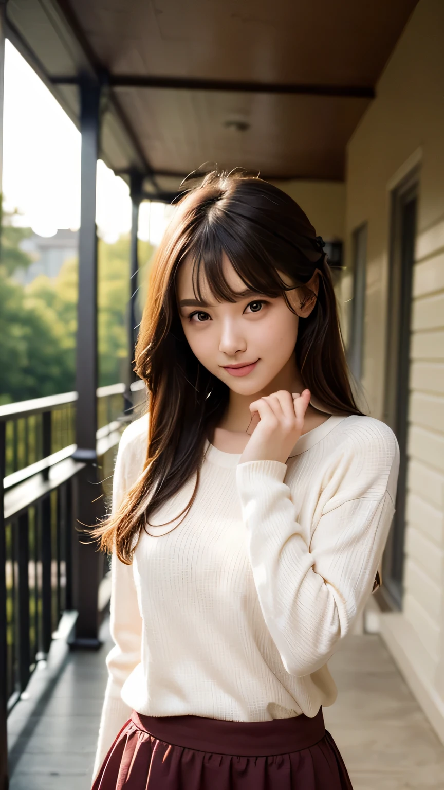 (very delicate and beautiful: 1.2), 1 girl, girl, bangs, cute eyes, bow, brown hair, closed mouth, Landscape, hair between eyes, hair bow, long sleeves, looking at the viewer, medium hair, alone, Upper body, : 1.3, ((alone)), (masterpiece), blonde、Poses with different movements、With a smile、mini skirt、