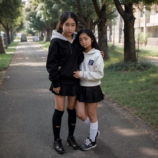 12-year-old Asian girl in a school uniform with a short skirt, knee-high socks and black shoes on a path surrounded by trees holding hands with her younger sister in the same and the face of an older man with a hoodie watching.