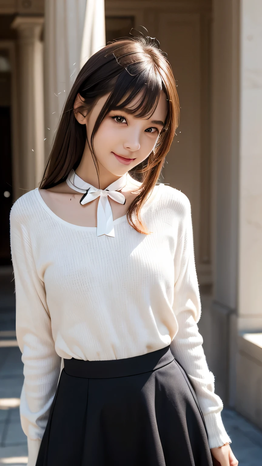 (very delicate and beautiful: 1.2), 1 girl, girl, bangs, cute eyes, bow, brown hair, closed mouth, Landscape, hair between eyes, hair bow, long sleeves, looking at the viewer, medium hair, alone, Upper body, : 1.3, ((alone)), (masterpiece), blonde、Poses with different movements、With a smile、mini skirt、