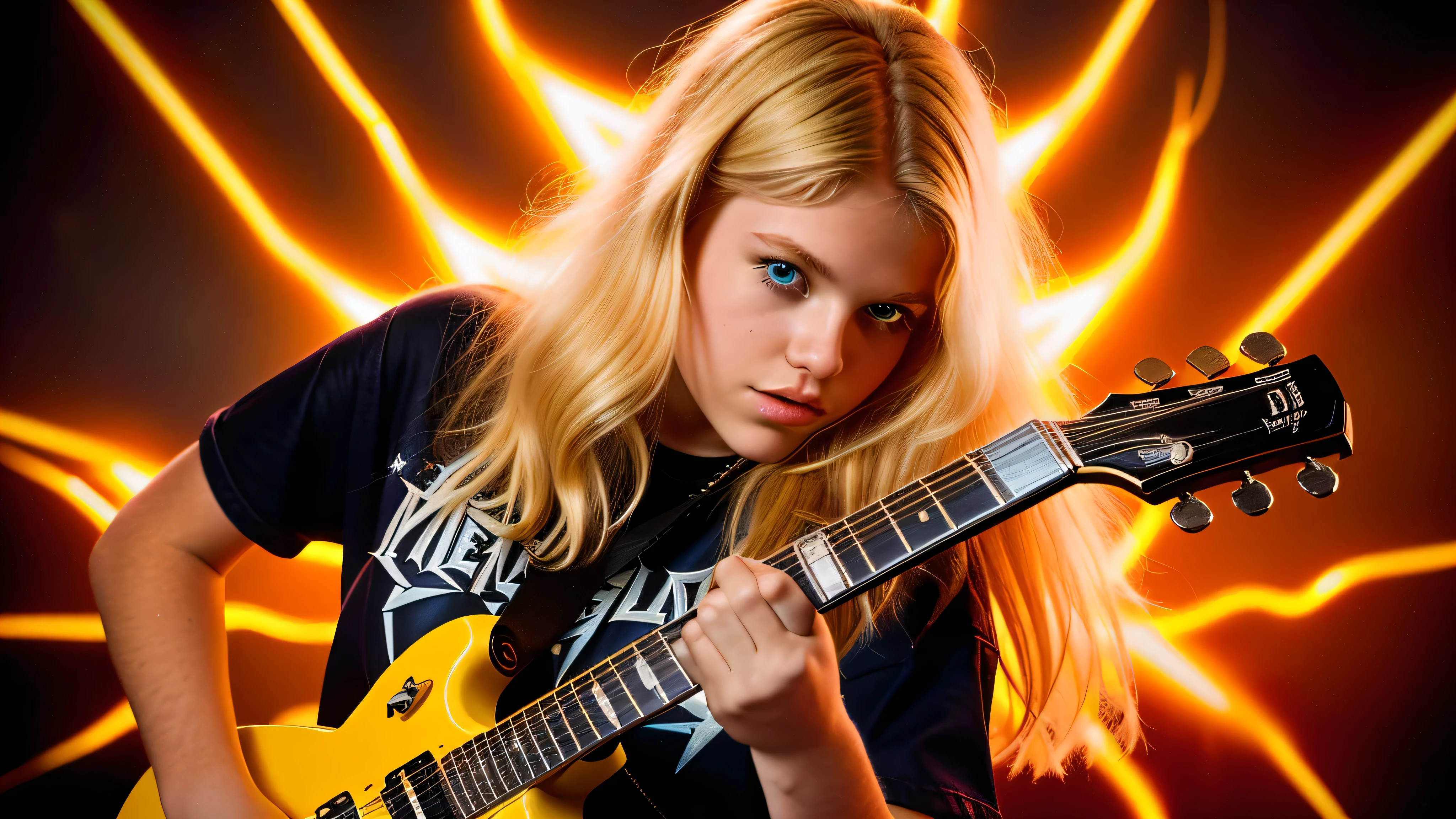 a close up of a girl  blonde  holding a guitar in front of a lightning, 1 9 8 0's heavy metal album art, power metal album cover, heavy metal comic cover art, metal album cover art, metal album cover, megadeth, thrash metal, metallica, heavy metal album cover, heavy metal artwork, by