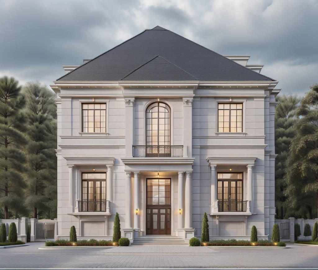 Extremely realistic, best quality, ultra high resolution,
Neoclassical exterior, modern villa, roads, cloudy sky, daylight, four facades covered with crushed stone bricks, planting trees around the house
