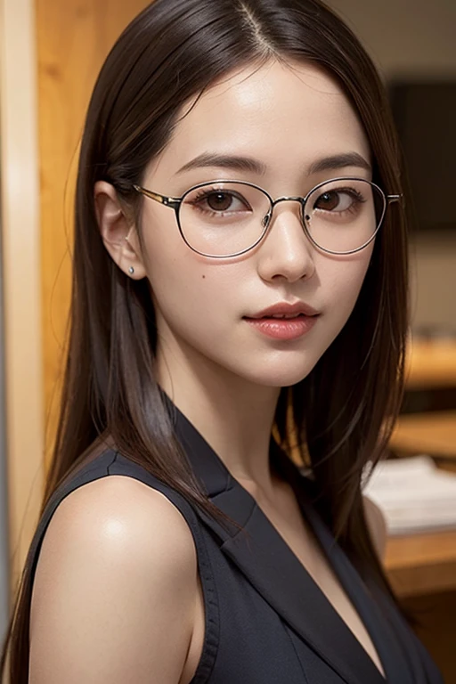 (8K、Raw photo、highest quality、masterpiece:1.2)、(realistic、Photoreal:1.37)、super detailed、Super high resolution、1 girl、see the beholder、beautiful and detailed face、laughter、narrow、(slim waist) :1.3)、hair length、Beautiful and smooth skin、skin texture、floating hair、wearing a suit、professional lighting、inside the office、Square glasses with black edging 、human body as a whole、brown hair