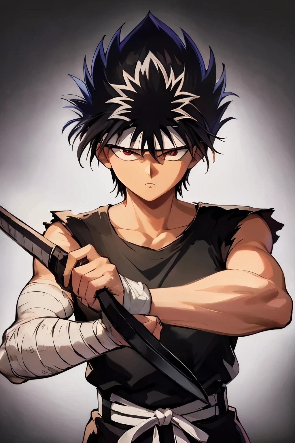 masterpiece, best quality, 1boy, hiei, black hair, white hair, spiked hair, red eyes, headband, bandages, upper body, sleeveless, torn clothes, solo, katana sword, martial arts, ancient temple background, (Black Dragon background)
