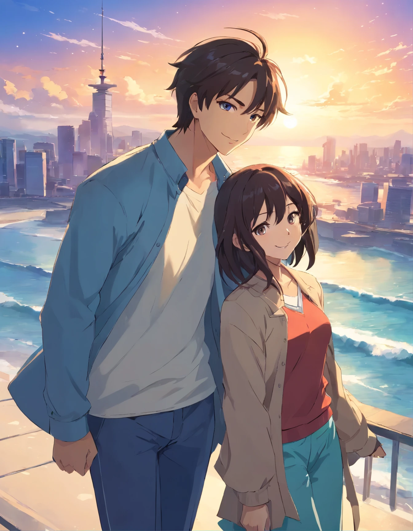 masterpiece, anime, best quality, 2others, couple, mature, adult, height difference, different fashion, different color, casual clothes, long sleeves, smile, happy, love, swirling wind, blue sky, long haired man, light brown hair man, black hair woman, black hair woman