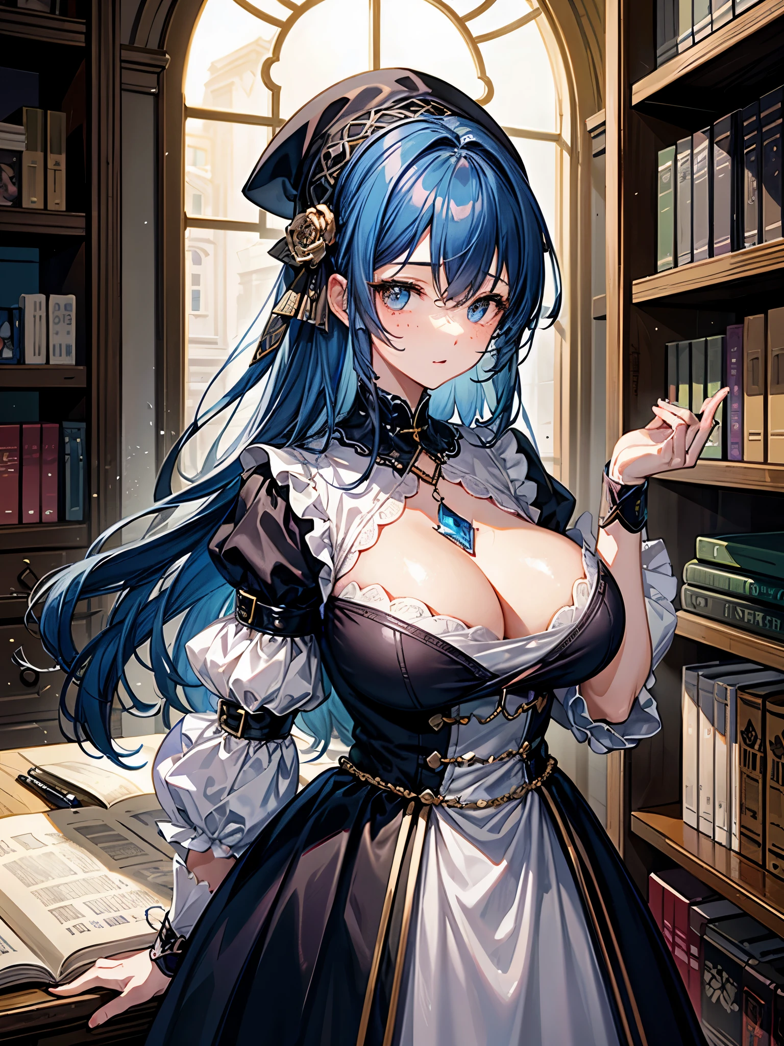 （（（masterpiece、Highest image quality、highest quality、highly detailed unity 8ｋwallpaper）））、（（Illustration of one girl、upper body））、（（（beautiful girl）））、（librarian）、（（blue hair、freckles））、（stocky build, thickset physique：1.3, broad shoulders, solid chest）、big breasts、librarian服、great medieval library