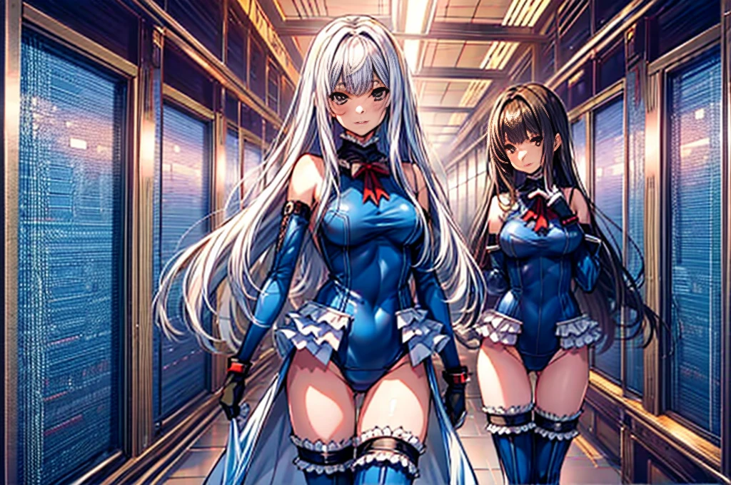 3girls, ( (Digital) (8k ), medium breasts, (frilled swimsuit, thighhighs, detached sleeves)) , highest quality, marierose,1 girl,,,(Inside a futuristic research facility)