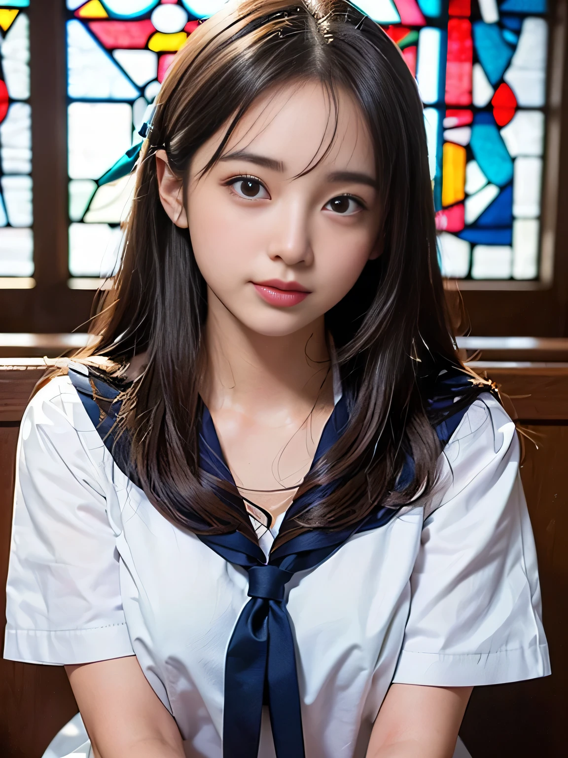 (((Draw only one woman: 2))), Beautiful 18 year old Japan woman, (A high school girl wearing a sailor uniform with short sleeves and a ribbon: 1.5), (Japan strict girls' school sailor uniform), ( High school girl sitting on a pew in church: 1.2), (Beautiful and elaborate stained glass on the background: 1.5), ((1screen)), in 8K, RAW shot, top quality photo, masutepiece, Amazing realism photos, (lighting like a movie:1.5), ((Anatomically correct proportions: 1.5)), ((perfectly proportions)), Cute woman like an idol in Japan, Detailed face, Detailed eyes, Narrow Nose, Detailed skin, (Beautiful long hair: 1.5), ((portlate:1.8)), ((facial close-up:1.8)), ssmile  (Angle from the side)