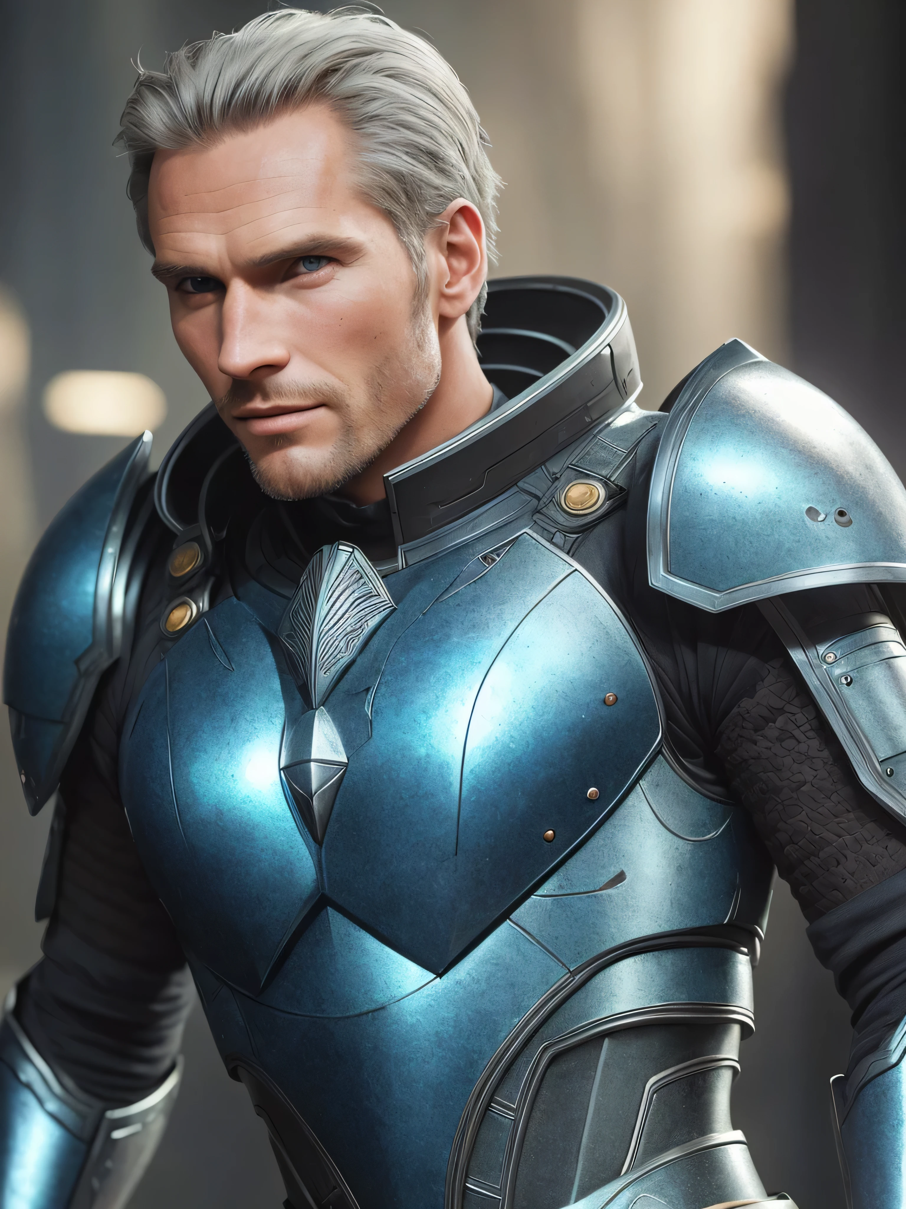 Charlton Heston as a warrior, short blue hair, blue eyes and freckles, shimmering jewels armor, with emphasis on light play and the transparency of the glass, High and short depth of field, Ray tracing, FHD, hyper quality --ar 9:16 --s 1000 --v 6. 0, 135mm whimsical --aspect 3 :2 --s 750 --v 5.2. , 64k detailed digital art, hyper realistic textures, natural textures, elegant, super detailed, photo realistic, ultra realistic, intricate detail, cinematic, environment occlusion, lighting Volumetric, Shot on Sony A7S III, f/ 9.0, 1/500, Sharp Focus 64k Unsaturated, Masterpiece, Best Quality, Ultra Detailed., Dark Fantasy, Conceptual Art, Illustration, Cinema Sony A7S III, Depth of Field Shallow, 100mm f/2.4, natural light, cinematic, widescreen aspect ratio, cinematic dramatic, indoor epic space, sci-fi movie style, natural textures, hyper maximalist, sharp focus, dynamic pose. 64k is very detailed.
