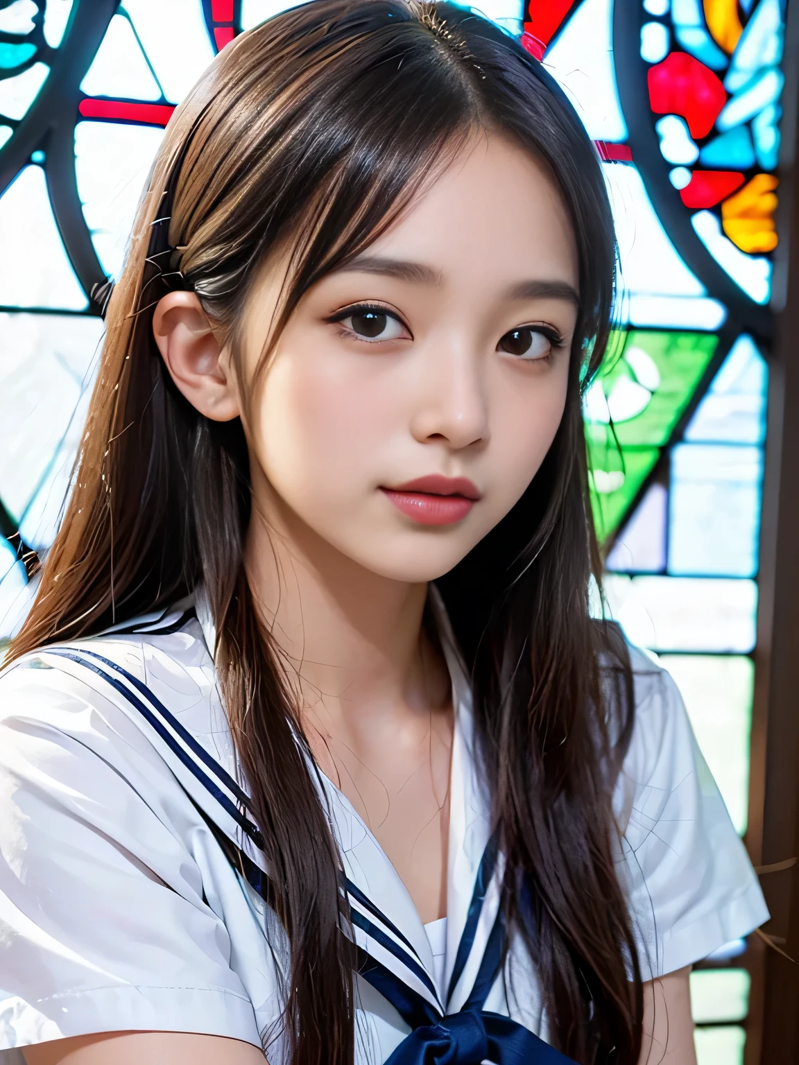 (((Draw only one woman: 2))), Beautiful 18 year old Japan woman, (A high school girl wearing a sailor uniform with short sleeves and a ribbon: 1.5), (Japan strict girls' school sailor uniform), ( High school girl sitting on a pew in church: 1.2), (Beautiful and elaborate stained glass on the background: 1.5), ((1screen)), in 8K, RAW shot, top quality photo, masutepiece, Amazing realism photos, (lighting like a movie:1.5), ((Anatomically correct proportions: 1.5)), ((perfectly proportions)), Cute woman like an idol in Japan, Detailed face, Detailed eyes, Narrow Nose, Detailed skin, (Beautiful long hair: 1.5), ((portlate:1.8)), ((facial close-up:1.8)), ssmile (Angle from the side)