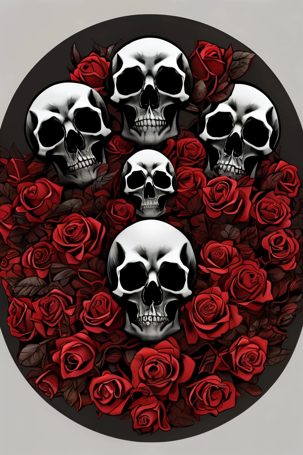 skulls and roses are arranged in a circle on a gray background, skull made of red roses, skulls, skull bones flowers, skulls around, scary detailed art in color, morphing skulls, skulls and skeletons, background artwork, skulls and bones, sacred skulls, close up guns and roses, with a crown of skulls, skull faces, adorned with demon skulls