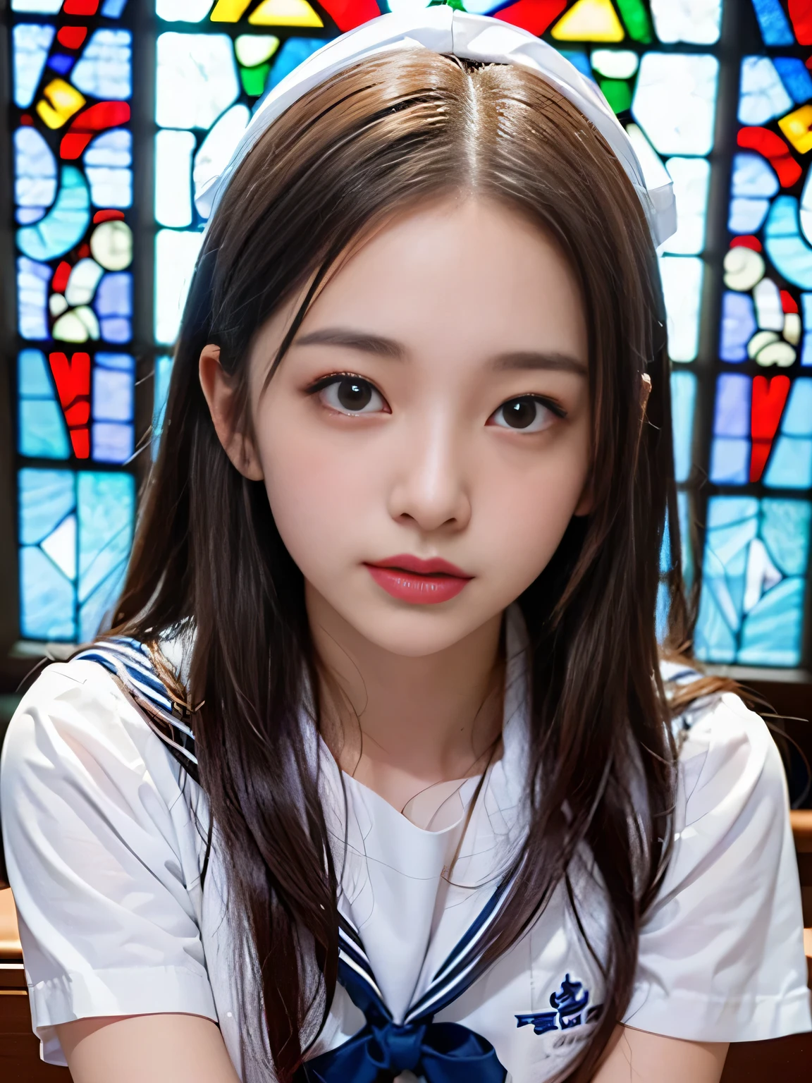 (((Draw only one woman: 2))), Beautiful 18 year old Japan woman, (A high school girl wearing a sailor uniform with short sleeves and a ribbon: 1.5), (Japan strict girls' school sailor uniform), ( High school girl sitting on a pew in church: 1.2), (Beautiful and elaborate stained glass on the background: 1.5), ((1screen)), in 8K, RAW shot, top quality photo, masutepiece, Amazing realism photos, (lighting like a movie:1.5), ((Anatomically correct proportions: 1.5)), ((perfectly proportions)), Cute woman like an idol in Japan, Detailed face, Detailed eyes, Narrow Nose, Detailed skin, (Beautiful long hair: 1.5), ((portlate:1.8)), ((facial close-up:1.8)), ssmile (Angle from the side)