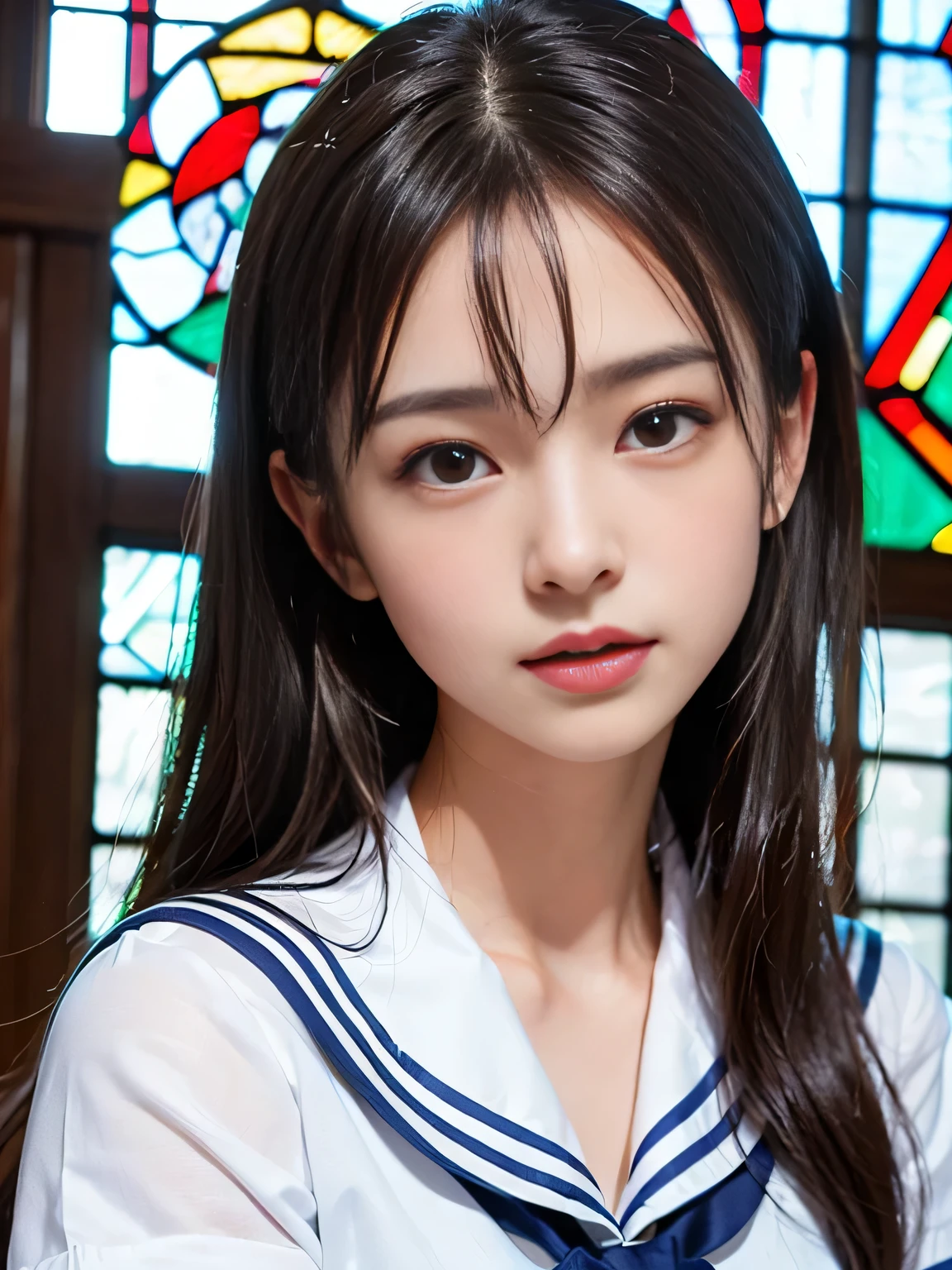 (((Draw only one woman: 2)))、18 year old beautiful Japanese woman、(A high school girl wearing a sailor uniform with short sleeves and a ribbon: 1.5)、(Japan's strict girls' school sailor suit)、( High school girl sitting in the church pew: 1.2)、(Beautiful and elaborate stained glass in the background: 1.5)、((1 screen))、8K、RAW shot、highest quality photos、masterpiece、amazing realism photography、(cinematic lighting:1.5)、((Anatomically accurate proportions:1.5))、((perfect proportions))、Cute woman like a Japanese idol、detailed face、detailed eyes、narrow nose、detailed skin、(beautiful long hair:1.5 )、((Portrait:1.8))、((face close up:1.8))、(Angle from the side)、smile