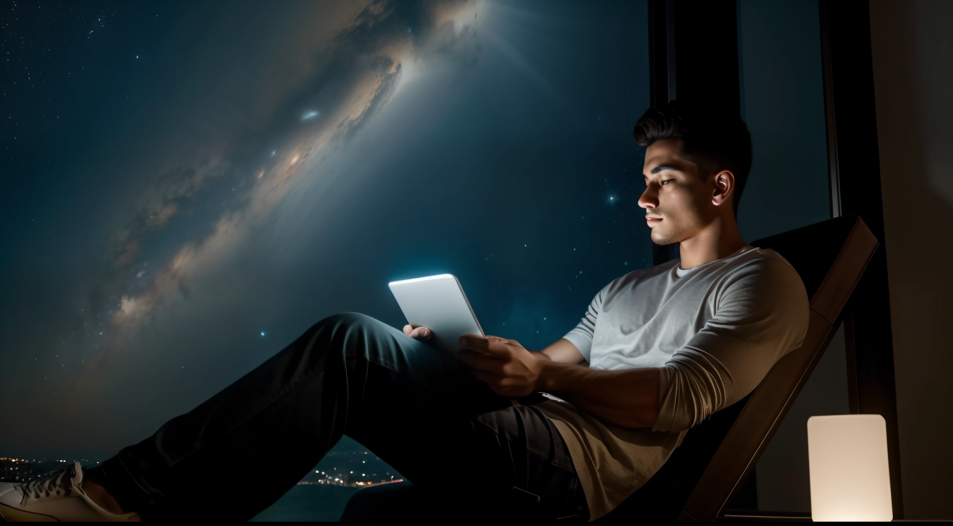 An image depicting a young man sitting in a modern space, com luzes suaves iluminando seu rosto enquanto ela olha atentamente para a tela de um celular. The expression on his face shows a familiar concentration and distraction from social media.