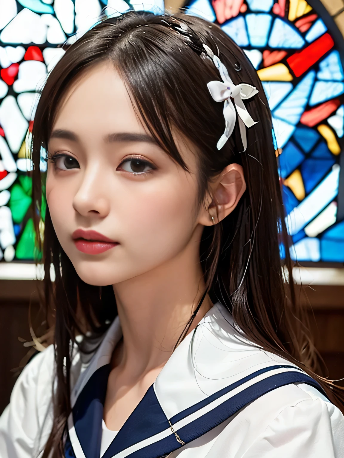 (((Draw only one woman: 2)))、18 year old beautiful Japanese woman、(A high school girl wearing a sailor uniform with short sleeves and a ribbon: 1.5)、(Japan&#39;s strict girls&#39; school sailor suit)、( High school girl sitting in the church pew: 1.2)、(Beautiful and elaborate stained glass in the background: 1.5)、((1 screen))、8K、RAW shot、highest quality photos、masterpiece、amazing realism photography、(cinematic lighting:1.5)、((Anatomically accurate proportions:1.5))、((perfect proportions))、Cute woman like a Japanese idol、detailed face、detailed eyes、narrow nose、detailed skin、(beautiful long hair:1.5 )、((Portrait:1.8))、((face close up:1.8))、(Angle from the side)、smile