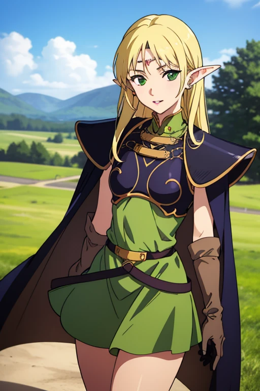 masterpiece, highest quality, 1 girl, alone, scenery, cowboy shot,
Ani_classic_Deedlit_own wife, www.own wife.and,
andがった耳, blonde hair, long hair, goblin, circlet, green eyes, long andがった耳, very long hair, chest, medium chest, earrings, lips, compensate, bangs,
cape, armor, blue cape, shoulder armor, pauldron, gloves, chest当て, belt, green one piece, short dress,