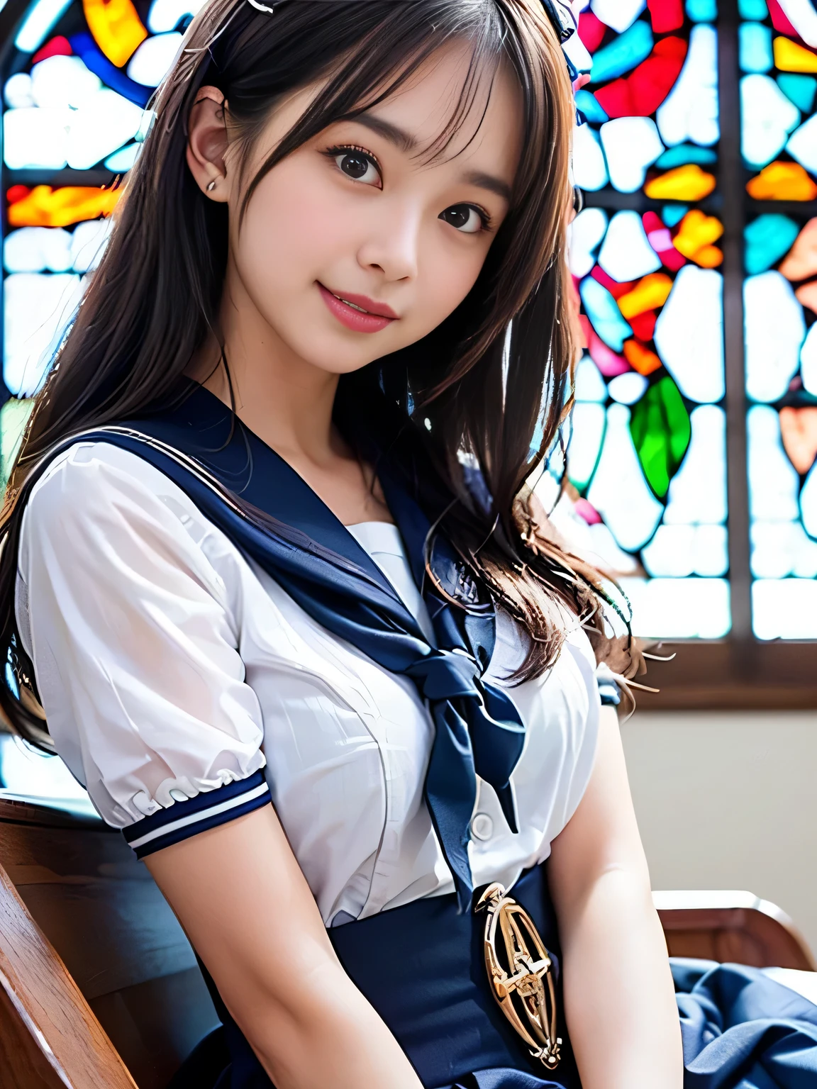 (((Draw only one woman: 2)))、18 year old beautiful Japanese woman、(A high school girl wearing a sailor uniform with short sleeves and a ribbon: 1.5)、(Japan's strict girls' school sailor suit)、( High school girl sitting in the church pew: 1.2)、(Beautiful and elaborate stained glass in the background: 1.5)、((1 screen))、8K、RAW shot、highest quality photos、masterpiece、amazing realism photography、(cinematic lighting:1.5)、((Anatomically accurate proportions:1.5))、((perfect proportions))、Cute woman like a Japanese idol、detailed face、detailed eyes、narrow nose、detailed skin、(beautiful long hair:1.5 )、((Photographing from the waist up:1.8))、((face close up:1.8))、(smile:1.5)、(transparent bangs:1.5)