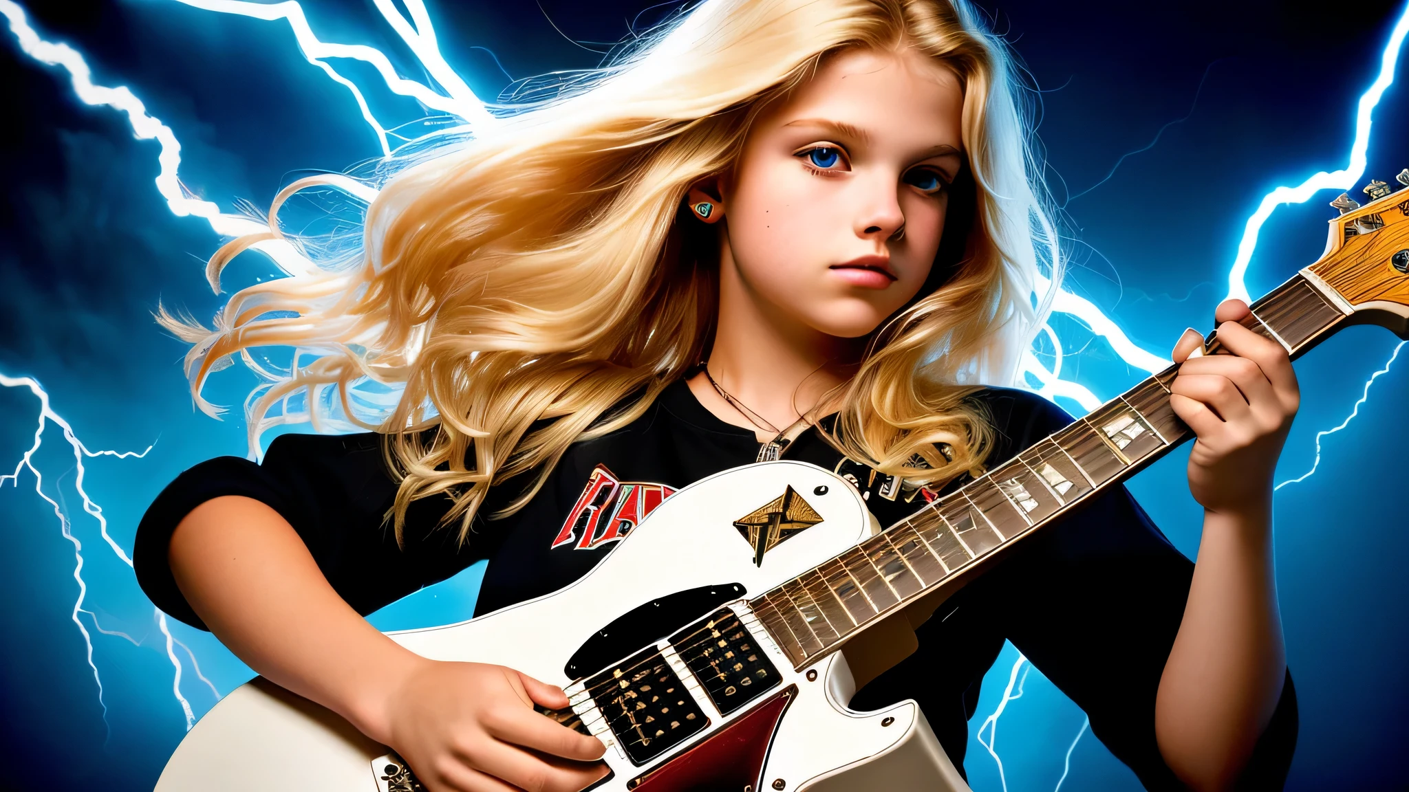 a close up of a girl kids blonde holding a guitar in front of a lightning, 1 9 8 0's heavy metal album art, power metal album cover, heavy metal comic cover art, metal album cover art, metal album cover, megadeth, thrash metal, metallica, heavy metal album cover, heavy metal artwork, by