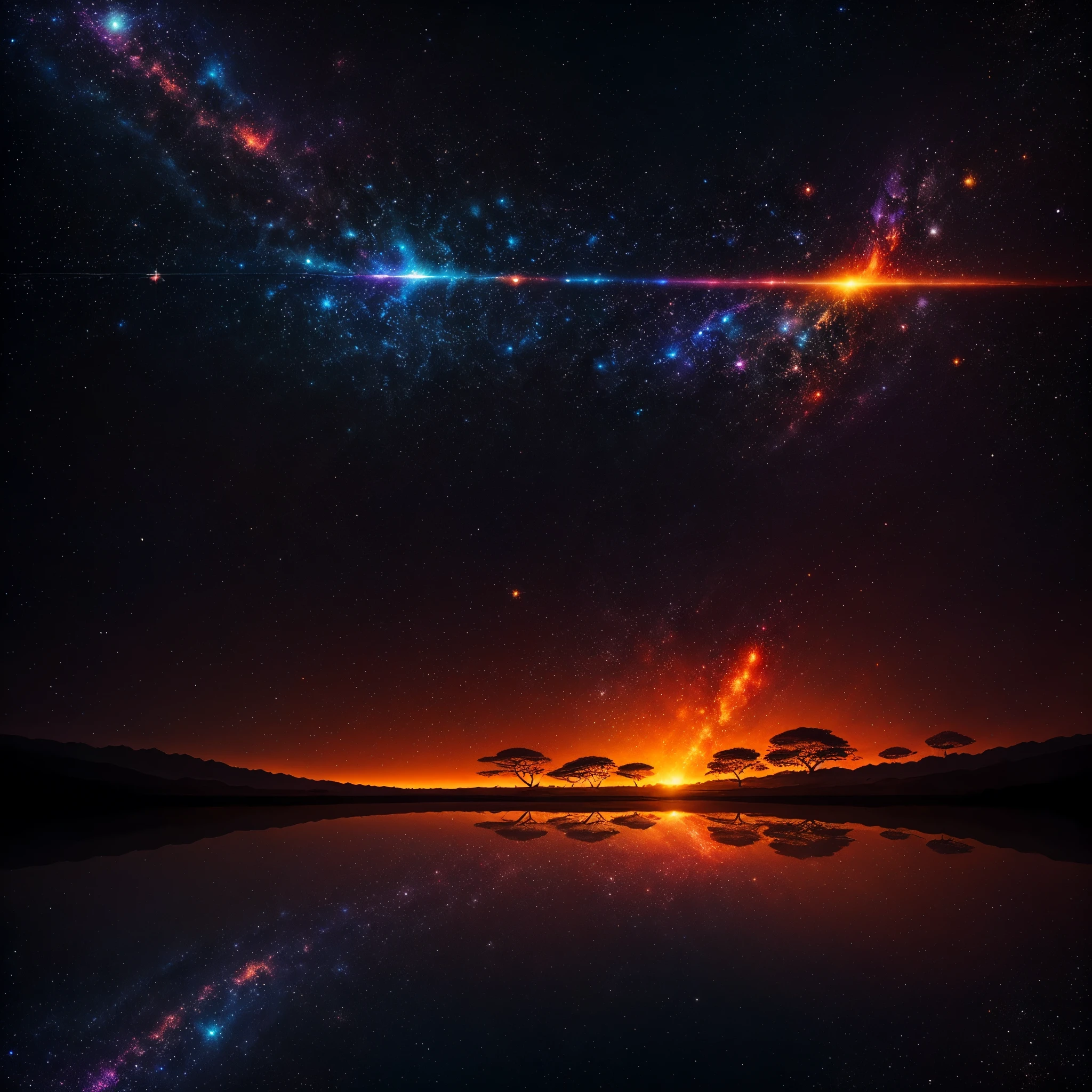 (Masterpiece, BestQuality:1.3),abstract pointillist representation, a myriad of circles and dots in varying sizes, a shamanic wisent, background ablaze with fiery sunset hues transitioning to soothing nature tones, tranquil golden reflection, African Animals,Gateway to the universe, endless sky and sunsets, countless stars in the galaxy