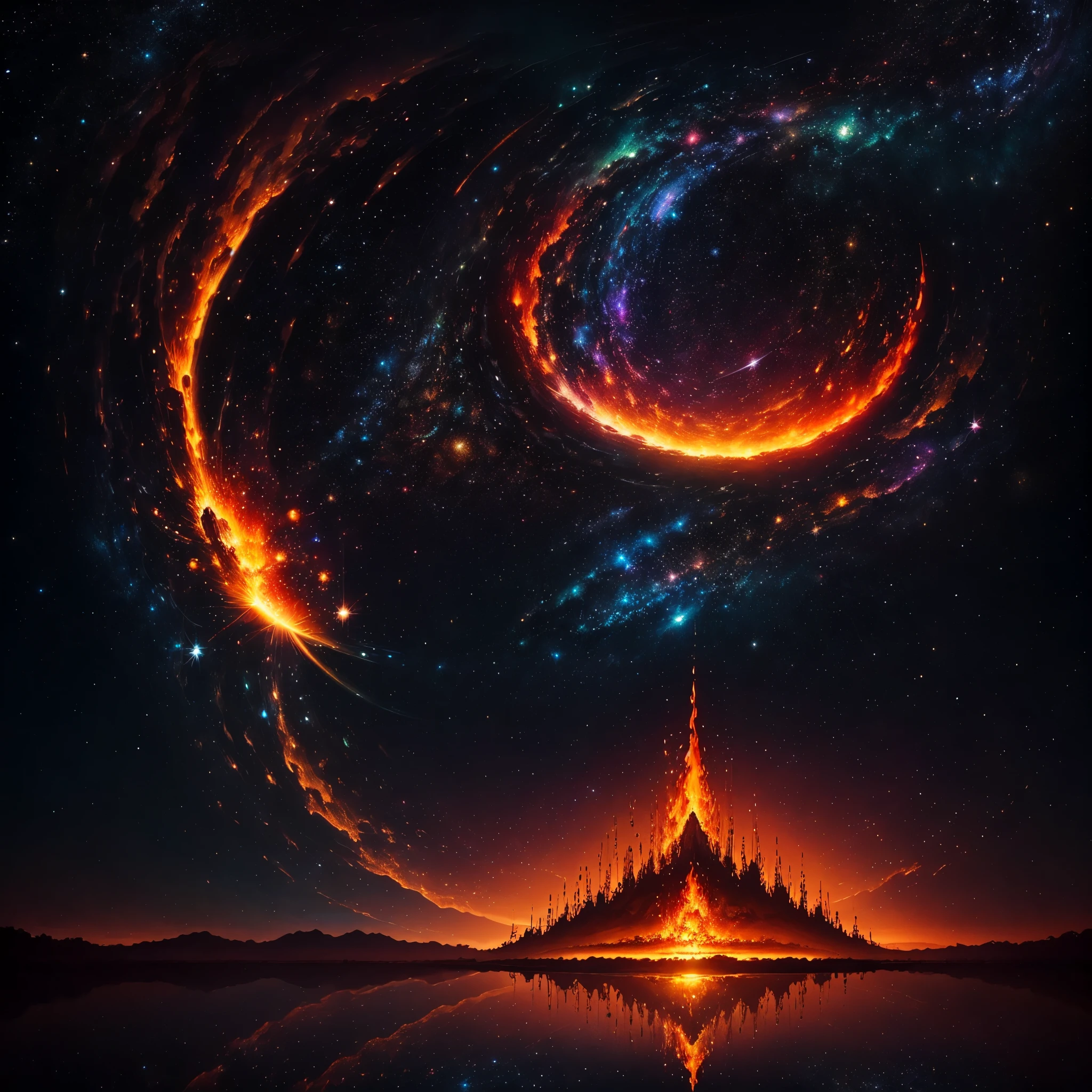 (Masterpiece, BestQuality:1.3),abstract pointillist representation, a myriad of circles and dots in varying sizes, a shamanic wisent, background ablaze with fiery sunset hues transitioning to soothing nature tones, tranquil golden reflection, African Animals,Gateway to the universe, endless sky and sunsets, countless stars in the galaxy