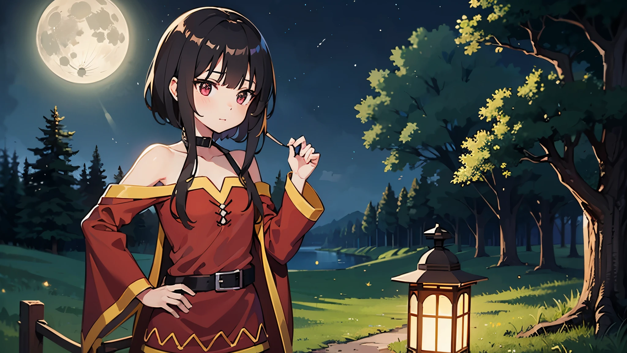 1Girl, Megumin, Fantasy, Forest Background, detailed, just one Person, cute, Night, Moonlight, UHD, high resolution