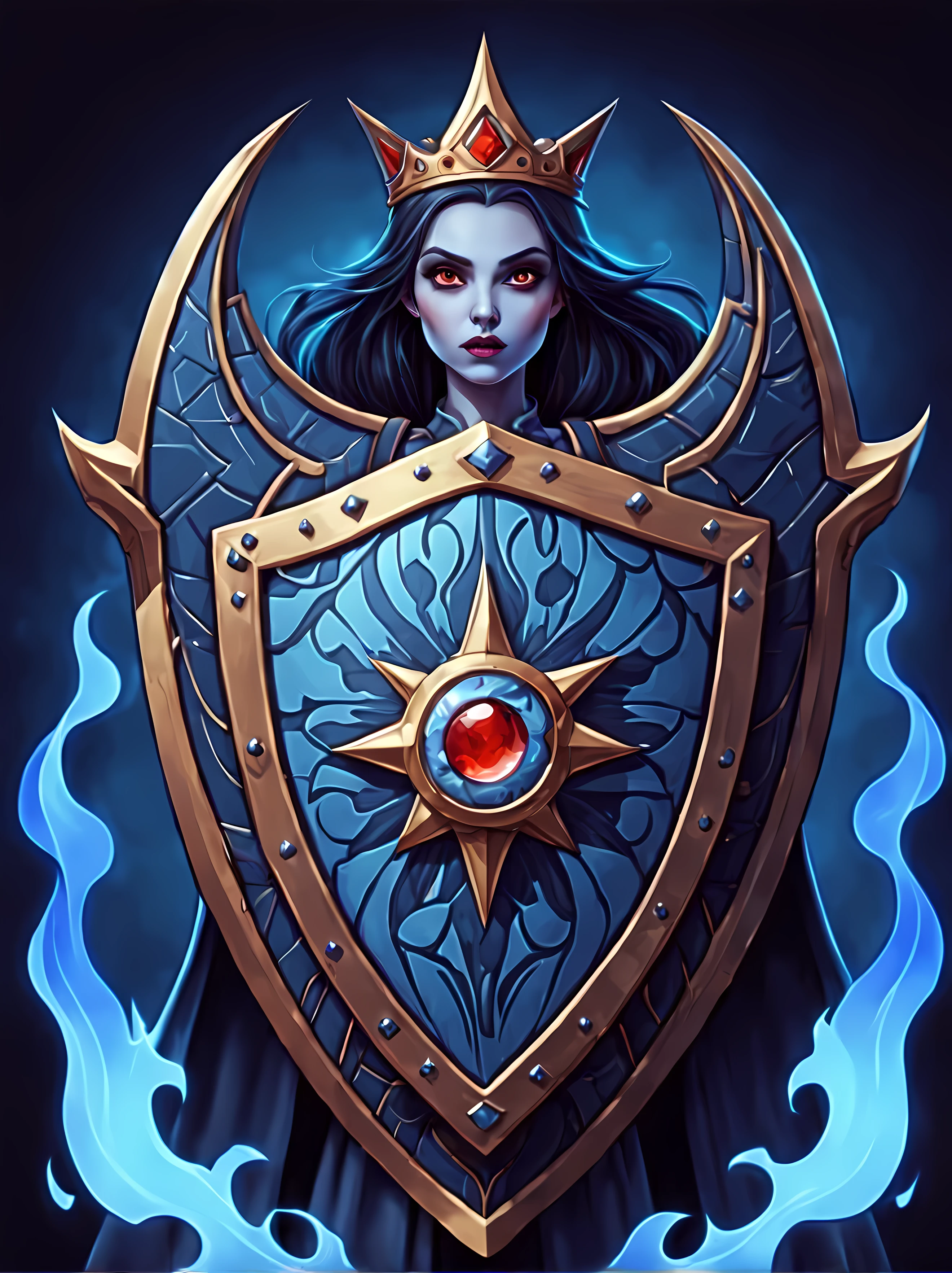 Masterpiece in maximum 16K resolution, cute colorful cartoon style with bold lines, a fantasy art illustration (featuring a giant magical shield) that has a single image of a stunning vampire queen on it, the shield also has complex rich gothic patterns, simple background with ethereal soft blue flames. | ((More_Detail))