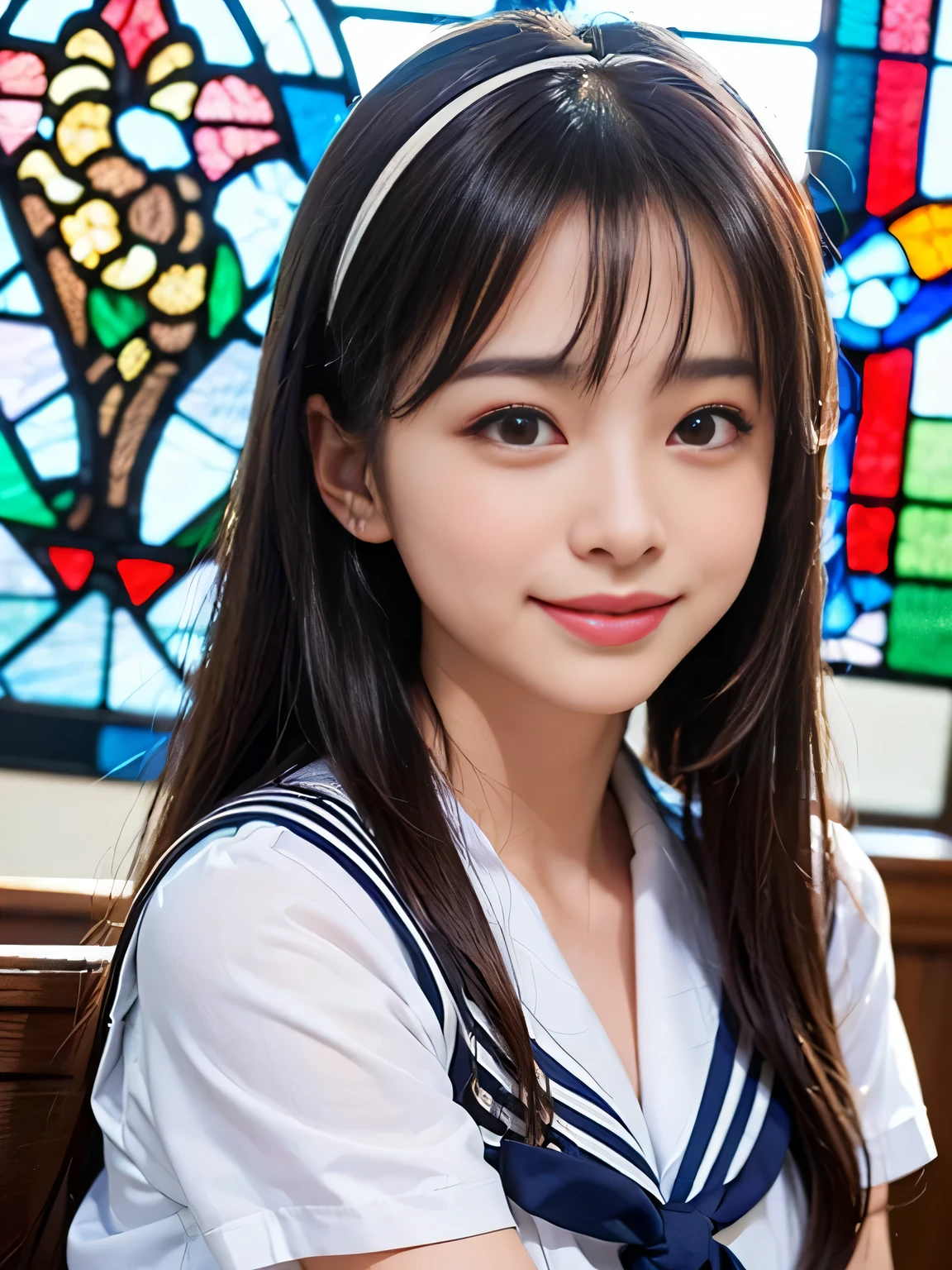 (((Draw only one woman: 2)))、18 year old beautiful Japanese woman、(A high school girl wearing a sailor uniform with short sleeves and a ribbon: 1.5)、(Japan's strict girls' school sailor suit)、( High school girl sitting in the church pew: 1.2)、(Beautiful and elaborate stained glass in the background: 1.5)、((1 screen))、8K、RAW shot、highest quality photos、masterpiece、amazing realism photography、(cinematic lighting:1.5)、((Anatomically accurate proportions:1.5))、((perfect proportions))、Cute woman like a Japanese idol、detailed face、detailed eyes、narrow nose、detailed skin、(beautiful long hair:1.5 )、((Photographing from the waist up:1.8))、((face close up:1.8))、(Angle from the side)、(smile:1.5)、(transparent bangs:1.5)