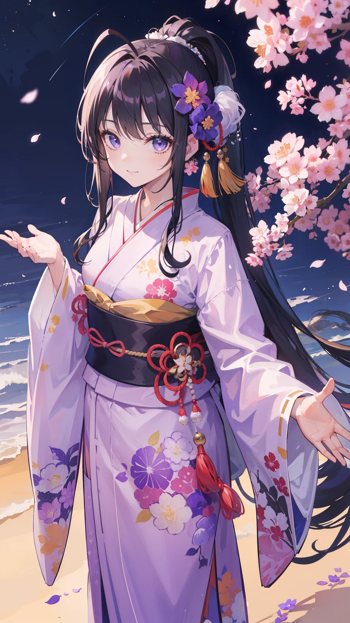 32k, 1girl, solo, long hair, looking at viewer, smile, bangs, hair ornament, long sleeves, closed mouth, standing, ponytail, flower, japanese clothes, hair flower, wide sleeves, kimono, sash, obi, antenna hair, high ponytail, pink flower, purple flower, purple kimono, zouri, 紫色の髪, 藤の花の背景,