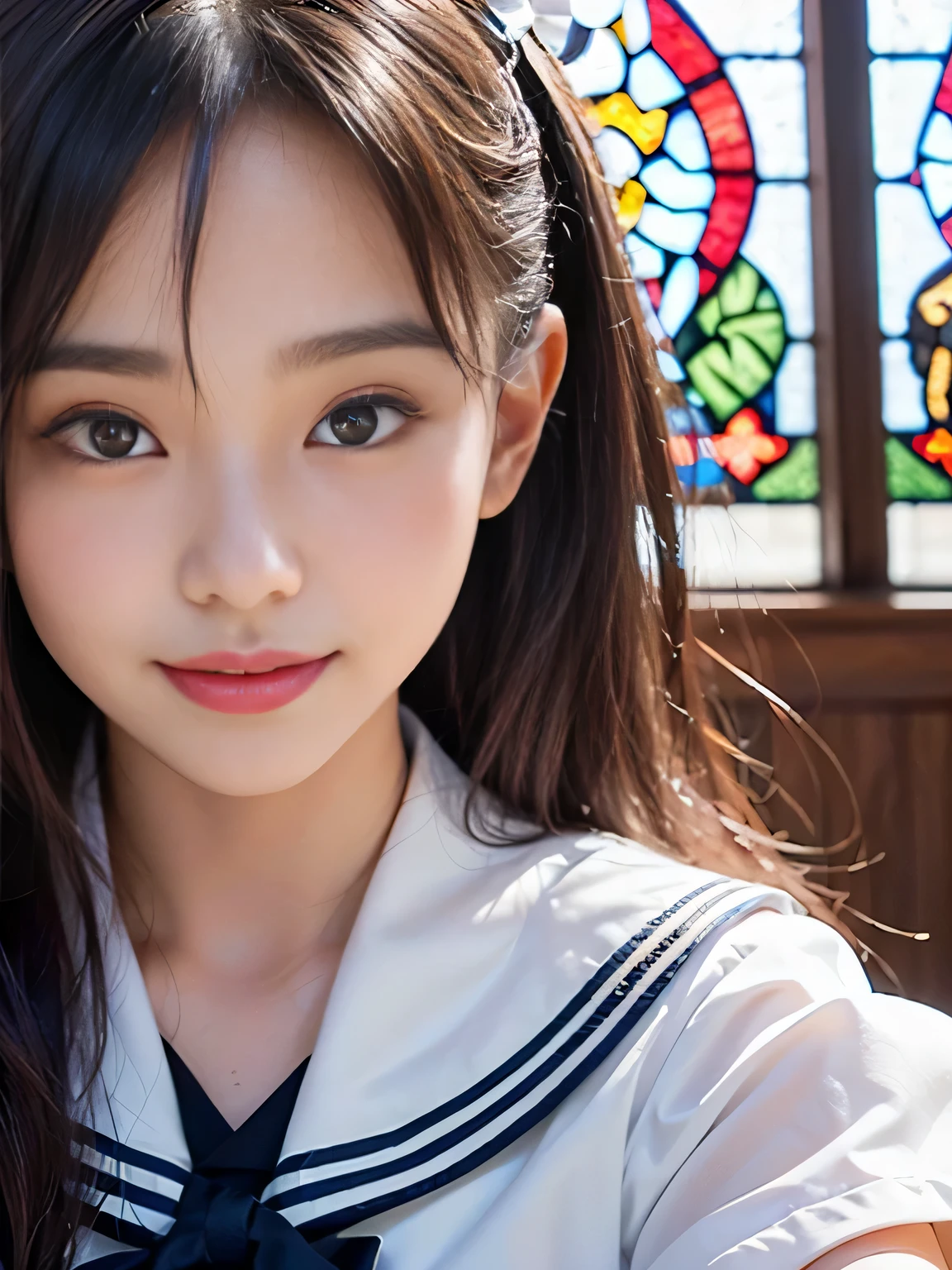 (((Draw only one woman: 2)))、18 year old beautiful Japanese woman、(A high school girl wearing a sailor uniform with short sleeves and a ribbon: 1.5)、(Japan&#39;s strict girls&#39; school sailor suit)、( High school girl sitting in the church pew: 1.2)、(Beautiful and elaborate stained glass in the background: 1.5)、((1 screen))、8K、RAW shot、highest quality photos、masterpiece、amazing realism photography、(cinematic lighting:1.5)、((Anatomically accurate proportions:1.5))、((perfect proportions))、Cute woman like a Japanese idol、detailed face、detailed eyes、narrow nose、detailed skin、(beautiful long hair:1.5 )、((Photographing from the waist up:1.8))、((face close up:1.8))、(smile:1.5)、(transparent bangs:1.5)