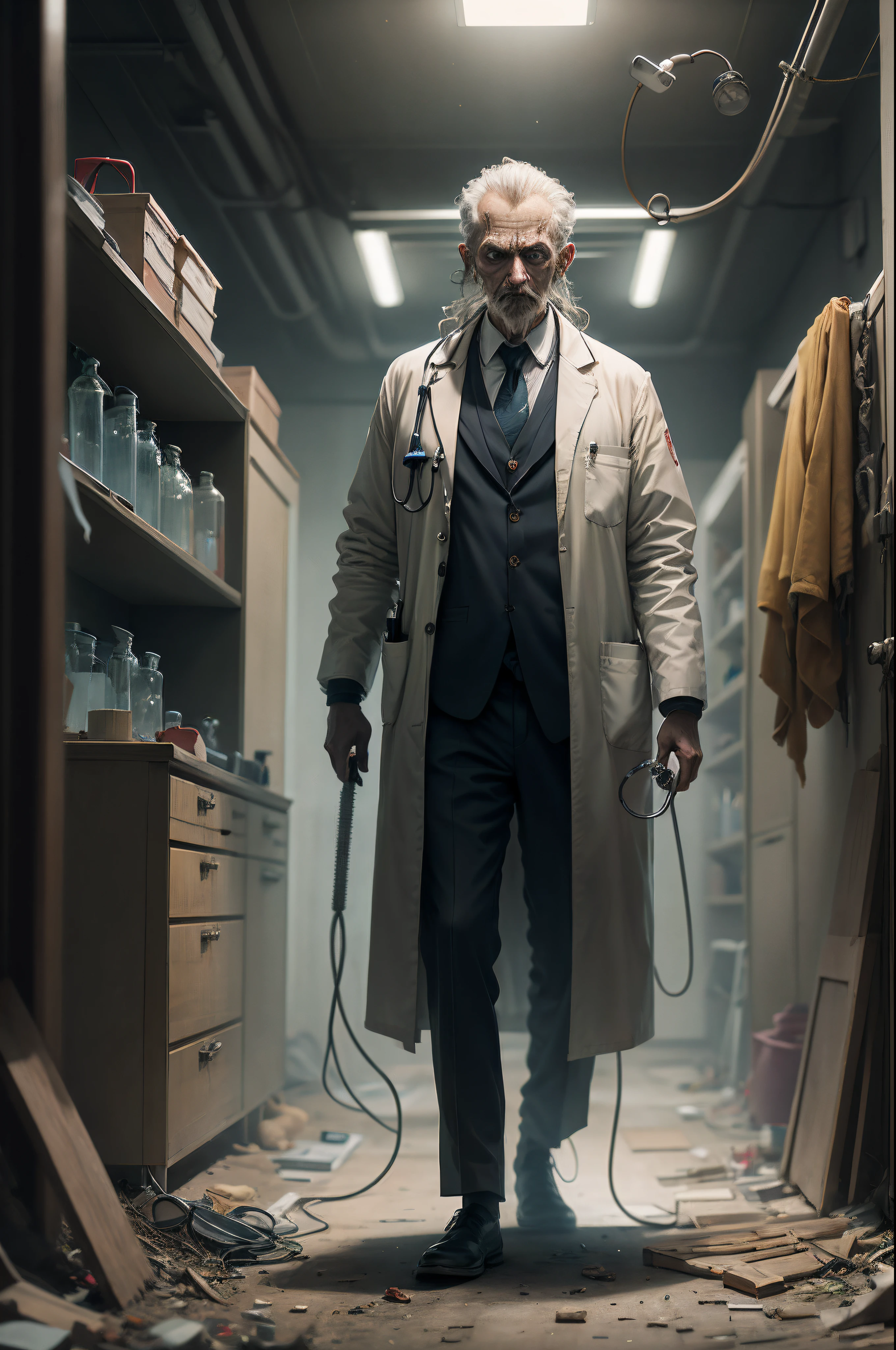 Strange looking doctor in dirty coat, full-body standing. Olhos tenebroso, Standing Hair. With saw instrument in hand, Dark Laboratory Setting Earth Movie Type. Paciente ao fundo esperando ser atendido