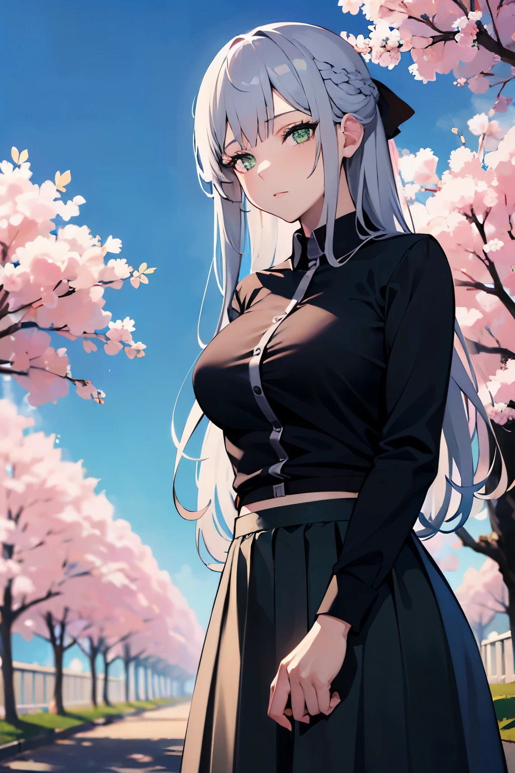 silver hair, long hair, ((wearing plain black shirt)), skirt, cherry blossom trees in background, absurdres, high res, ultrasharp, 8K, masterpiece, mature, detailed, sharp detailed green eyes, breast, height=170cm, aiming at viewer, stand, Arm at side