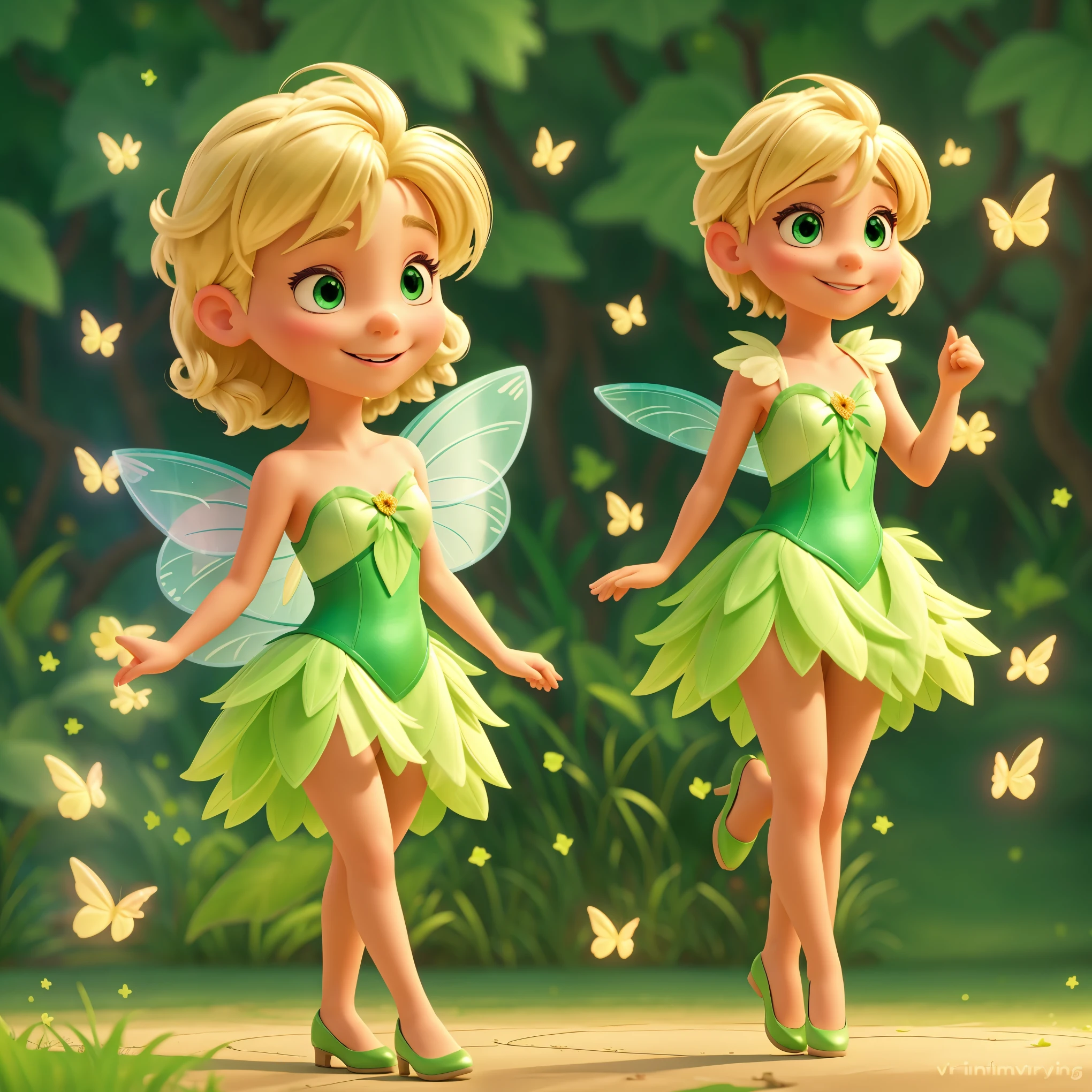 Create a Disney-style Tinker Bell fairy with a green leaf dress. Fluorescent wings. blond hair. Flying. Turn it into a Disney - Pixar style cartoon illustration. Background with nothing, eyes open, smile, perfectly centered!! full-length portrait, cinematic lighting, vector painting.