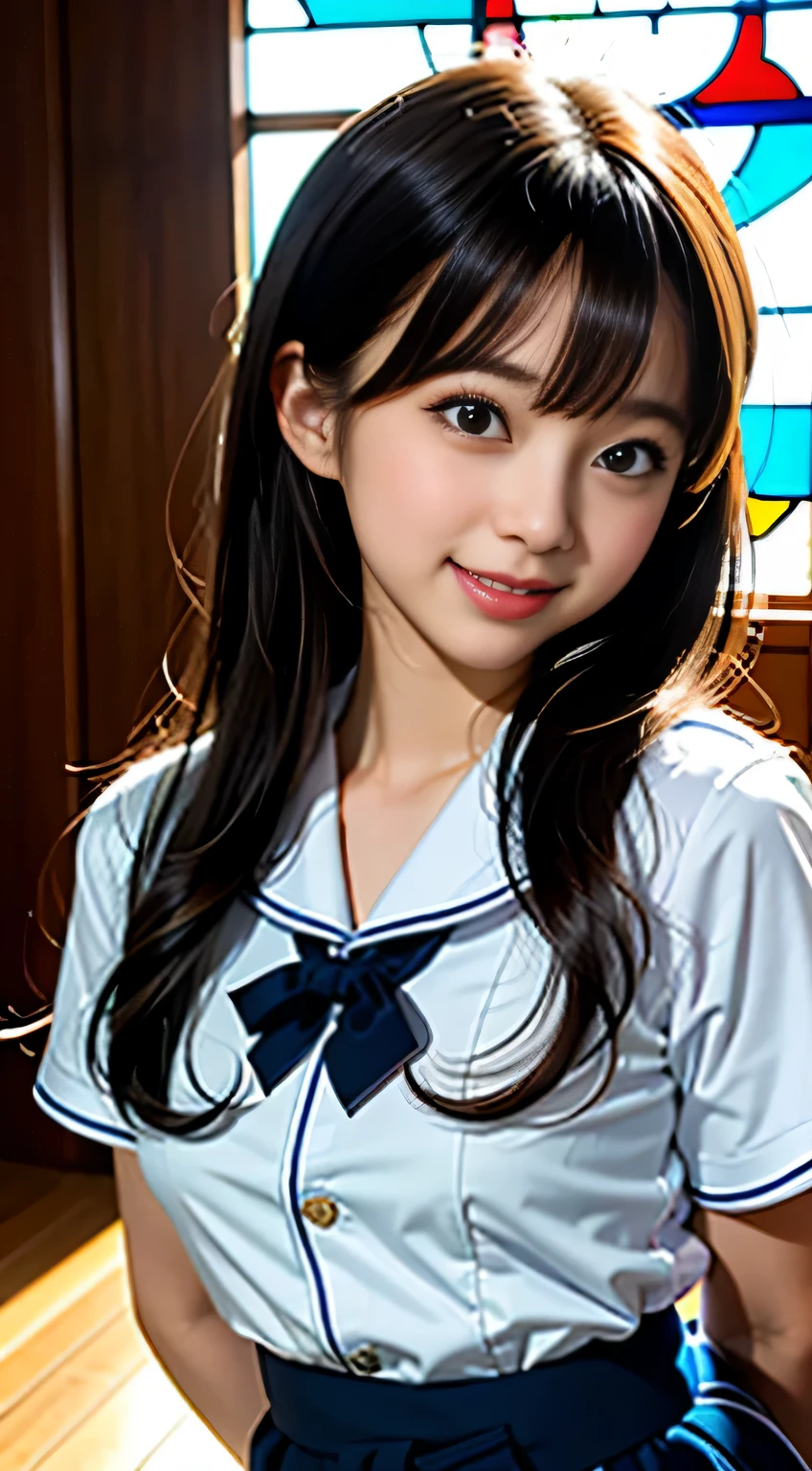 (((Draw only one woman: 2)))、18 year old beautiful Japanese woman、(A high school girl wearing a sailor uniform with short sleeves and a ribbon: 1.5)、(Japan&#39;s strict girls&#39; school sailor suit)、( High school girl sitting in the church pew: 1.2)、(Beautiful and elaborate stained glass in the background: 1.5)、((1 screen))、8K、RAW shot、highest quality photos、masterpiece、amazing realism photography、(cinematic lighting:1.5)、((Anatomically accurate proportions:1.5))、((perfect proportions))、Cute woman like a Japanese idol、detailed face、detailed eyes、narrow nose、detailed skin、(beautiful long hair:1.5 )、((Photographing from the waist up:1.8))、((face close up:1.8))、(Angle from the side)、(smile:1.5)、(transparent bangs:1.5)
