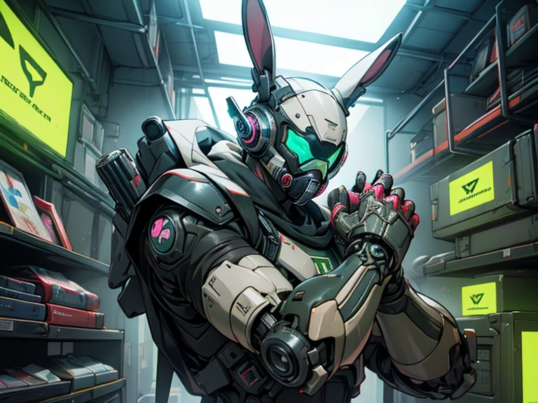 (3 cabezas:1.5), 1 chica, ((mejor calidad)), de Cyborg no estilo cyborg，cabello canoso，peinado de cola de caballo larga，Wear rabbit ear headphones and a gas mask.，The gas mask has a green light on the surface，Vestido con un traje blanco，Hay largas bandas rosadas de luz en la ropa，Pink eyelash glove），The left hand is a mechanical prosthesis，The main body is connected by cables and tubes.， ((obra maestra)), (El detalle:1.4), 。.....3D, Una hermosa imagen femenina cyberpunk.,HDR（High dynamic range）,rastreo de rachas,NVIDIARTX,Hyper resolution,irreal 5,subsurface dispersion、Textura PBR、anisotropy postprocessing、profundidad de campos、maximum definition and sharpness.、Texturas multicapa、Mapas de Albedo y Especulares、Surface Coloring、Accurate simulation of light-material interactions、proporciones perfectas、renderizado por octanaje、Luz bicolor、Gran apertura、ISO bajo、balance de blancos、la regla de los tercios、Datos sin procesar 8K、