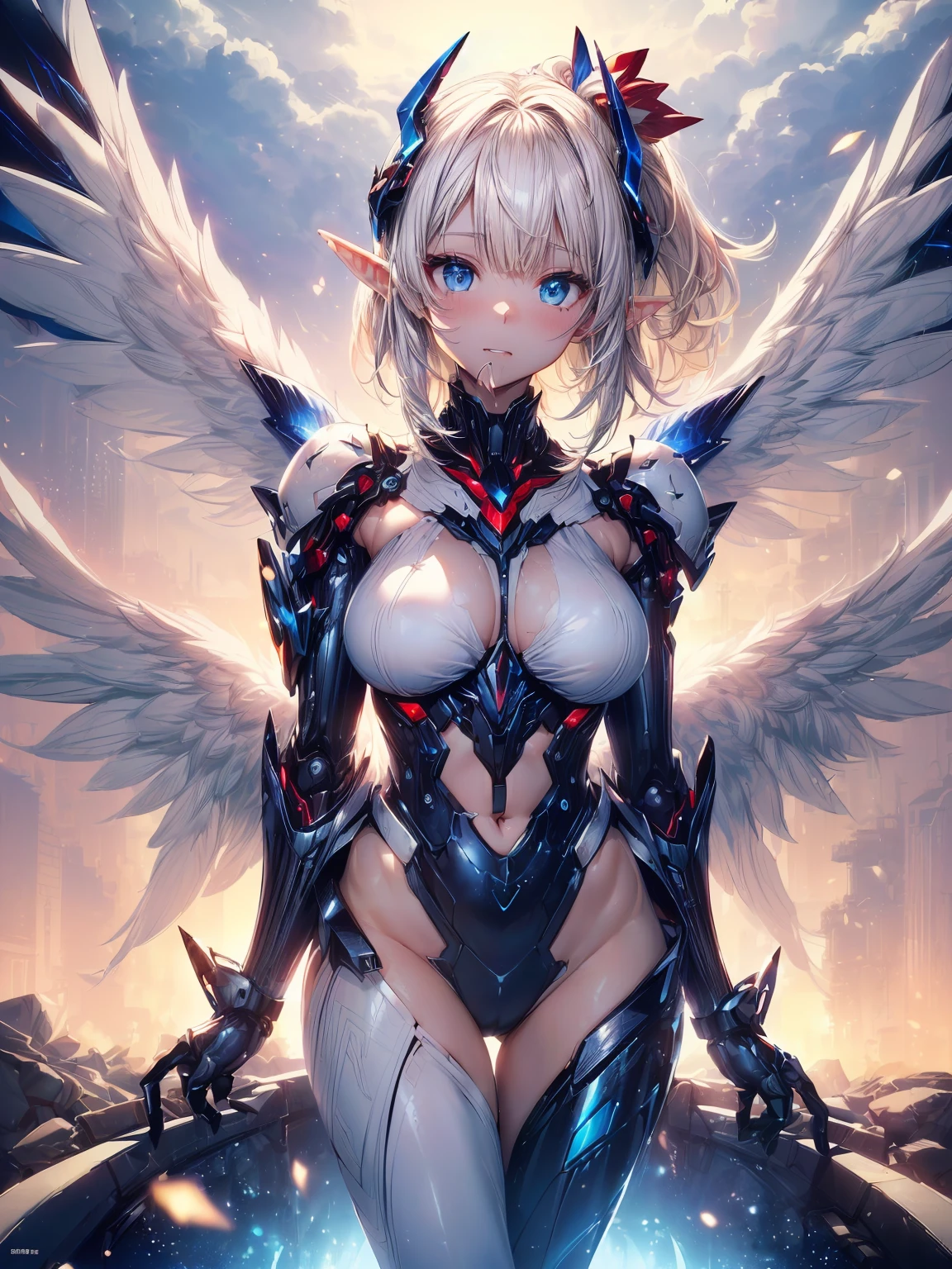 (masterpiece、highest quality, wonderful, very detailedティッカーユニティ、8k wallpaper, Depth of written boundary, Ultra-fine illustration:1.5)、。.。.3D, very detailed, (Full body Esbian、Mecha elf girl:1.3), sci-fi battlefield, Hawken, shy smile, open your mouth、short ponytail hair, (white blonde hair, deep blue eyes:1.2), sparkling eyes, Embarrassingly cute face, cute, big breasts, delicate hair, messy hair, (((null、青くて広いnull、White cloud、shiny hair, shiny skin, (Symmetrical mechanical winetallic colored mechanical wings that are widely expanded to the left and right so that they protrude wonderfully from the screen, bite, white hair ornament), (particles of light, cinematic lighting: 1.3), (pale pink lips: 0.8), by Yusuke Murata.