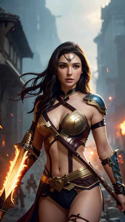 a woman dressed as a warrior holding a sword, sexy of gal gadot, tyler edlin fantasy art, fantasy woman, gal gadot as hell lord, zenescope, a very beautiful berserker woman, magali villeneuve', as seen on artgerm, very beautiful female barbarian, artgerm julie bell beeple, 4k fantasy art,battle field backgrlund