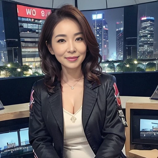 ((news broadcasting studio:1.4)), newscaster, presenter, sizable wide monitor, ((cityscape:1.4)). BREAK ((Best quality, 8k, Masterpiece :1.3)), (realistic, photorealistic:1.4)A pretty woman with perfect figure :1.4, beautiful, smile, (bright:1.4), pretty woman, (highly detailed face:1.2), cleavage, ((midi dress:1.4)), ((blouson dress:1.4)), ((business jacket:1.6)), Detailed eyes, Double eyelid, japanese pretty woman, sitting, oily skin, shiny skin, silk hair, paper on desk,