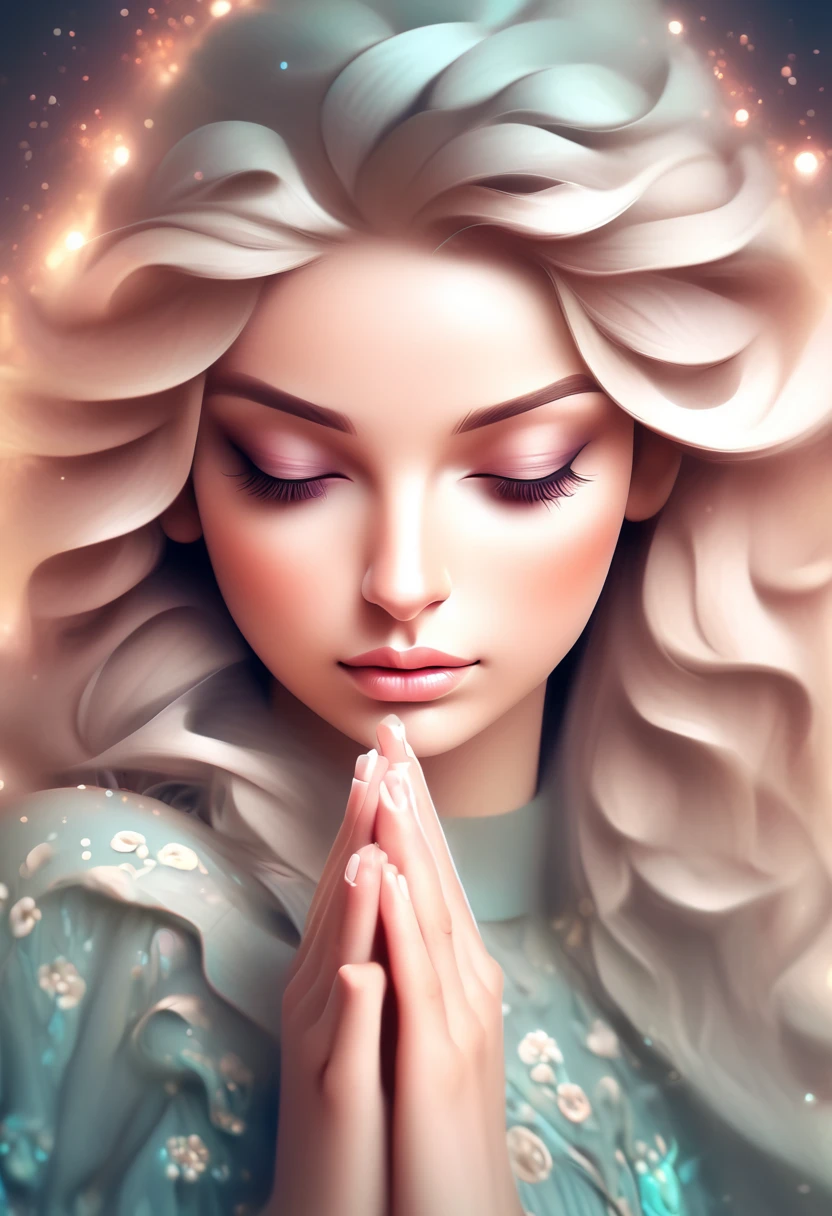 A picture of a woman with long hair and praying, beautiful digital illustrations, Beautiful artwork illustration, amazing digital illustrations, beautiful digital artwork, Inspired by Anna Dittman, amazing digital art, exquisite digital illustration, In the style of Anna Dittmann, beautiful digital art, beautiful amazing digital art, very beautiful digital art, beautiful fantasy art portrait