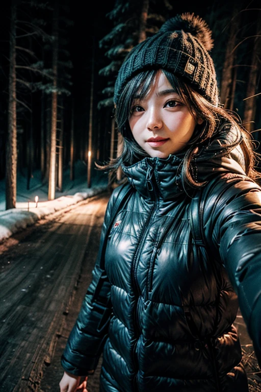 girl at night in the wood, selfie, dressed for trekking, winter, laughing, at night, very dark, infrared photography, without flash, grainy, ((motion blur)), blurry, walking