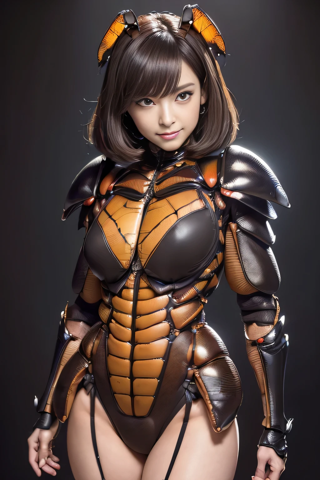 (High resolution,masterpiece,highest quality,Very detailed CG, anime, official art:1.4), realistic, photograph, amazing detail, all complicated, luster and luster,great many layers, 8k wallpaper, 3D, sketch, cute, figure,( alone:1.4), perfect female proportions,villain's daughter, (Fusion of dark brown cockroach and lady:1.4), (brown cockroach form lady:1.2), (brown cockroach woman:1.2), (Fusion:1.2), (alone:1.4), (evil smile:1.2), muscular, abs, (Cockroach brown exoskeleton bio insect suit:1.4), (Cockroach brown exoskeleton bio insect armor:1.2), (brown transparent cockroach feathers:1.4), (brown cockroach antenna:1.3),