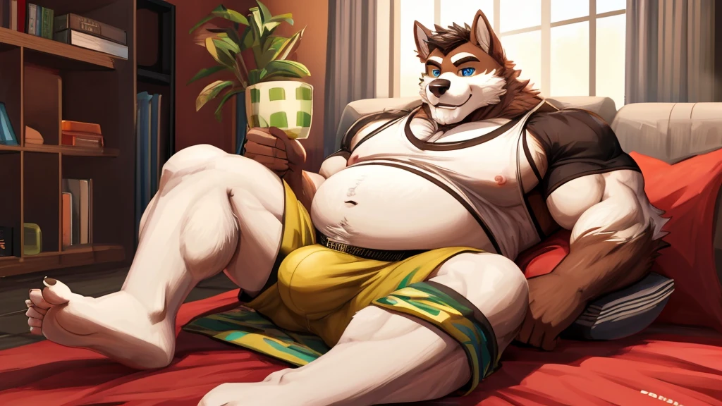Panorama, livingroom, character focus solo, bright eyes, big tail, male off-white fur, fluffy, furry male dog, young, casual dress, sideways head, smiling, blue eyes, ager, tall, height two meter seven, handsome, young style, little T-shirt, boxers, big bulge, strong arms, muscular legs, hyper muscular, vesible feet, barefoot, huge feet, musclegut, overweight, feeding his fat girlfriend with morbity obesity